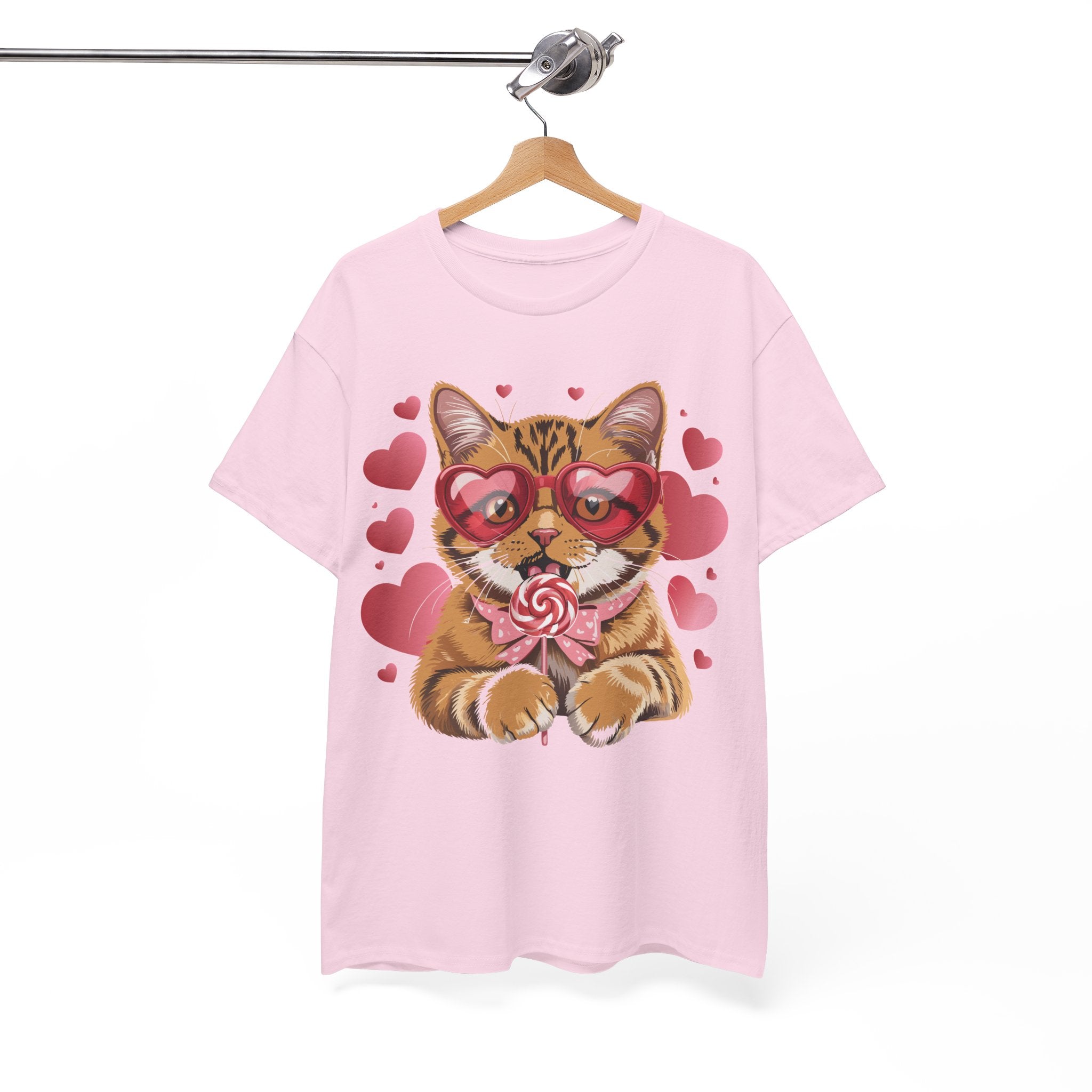 Valentine Cat Tee — Heart Glasses, Lollipop Bow Unisex Cotton Tee