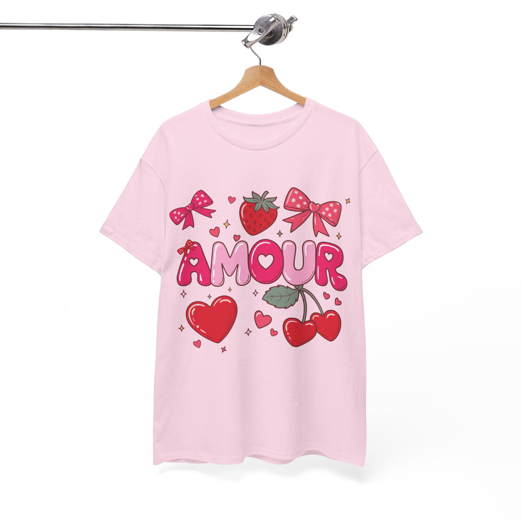 Amour Pink Hearts Tee — Shiny Lettering with Bows, Cherries & Strawberry Accent...Unisex Cotton Tee