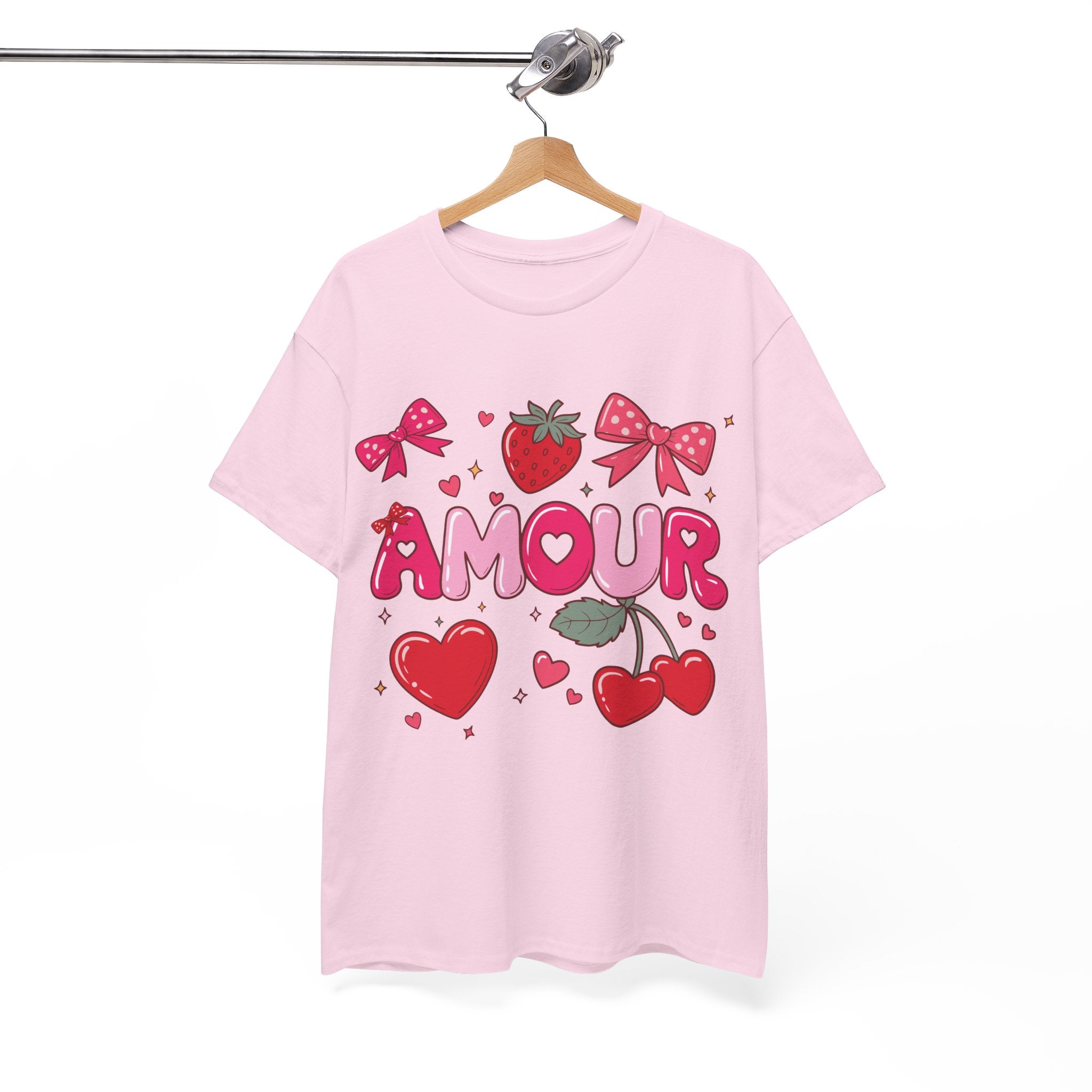 Amour Pink Hearts Tee — Shiny Lettering with Bows, Cherries & Strawberry Accent...Unisex Cotton Tee