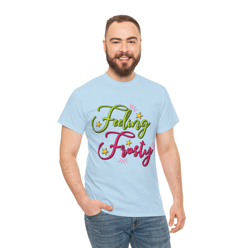 Feeling Frosty Holiday T-Shirt — Green & Pink Script Stars.Unisex Cotton Tee