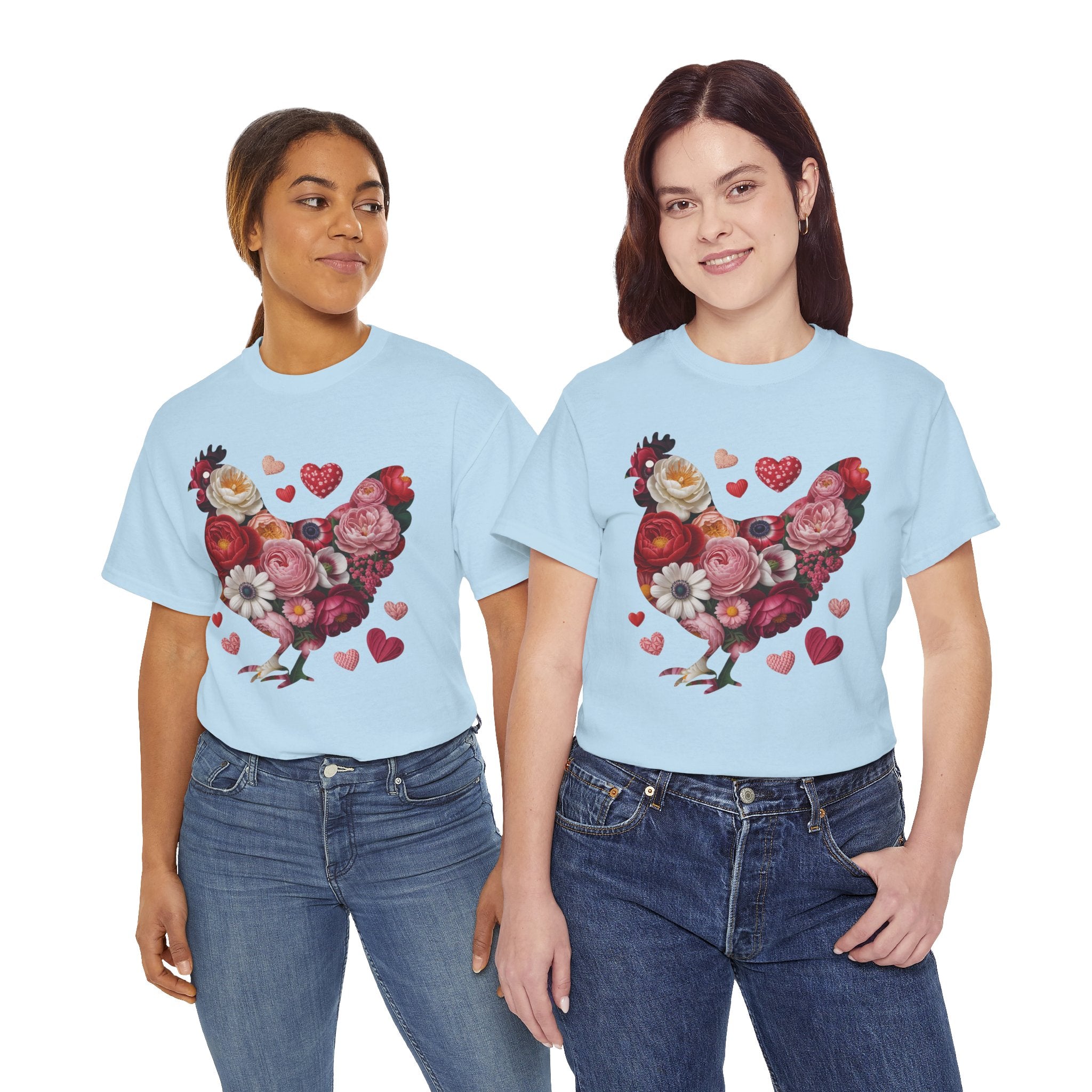 Floral Chicken Heart Tee — Red & Pink Flower Silhouette Unisex Cotton Tee