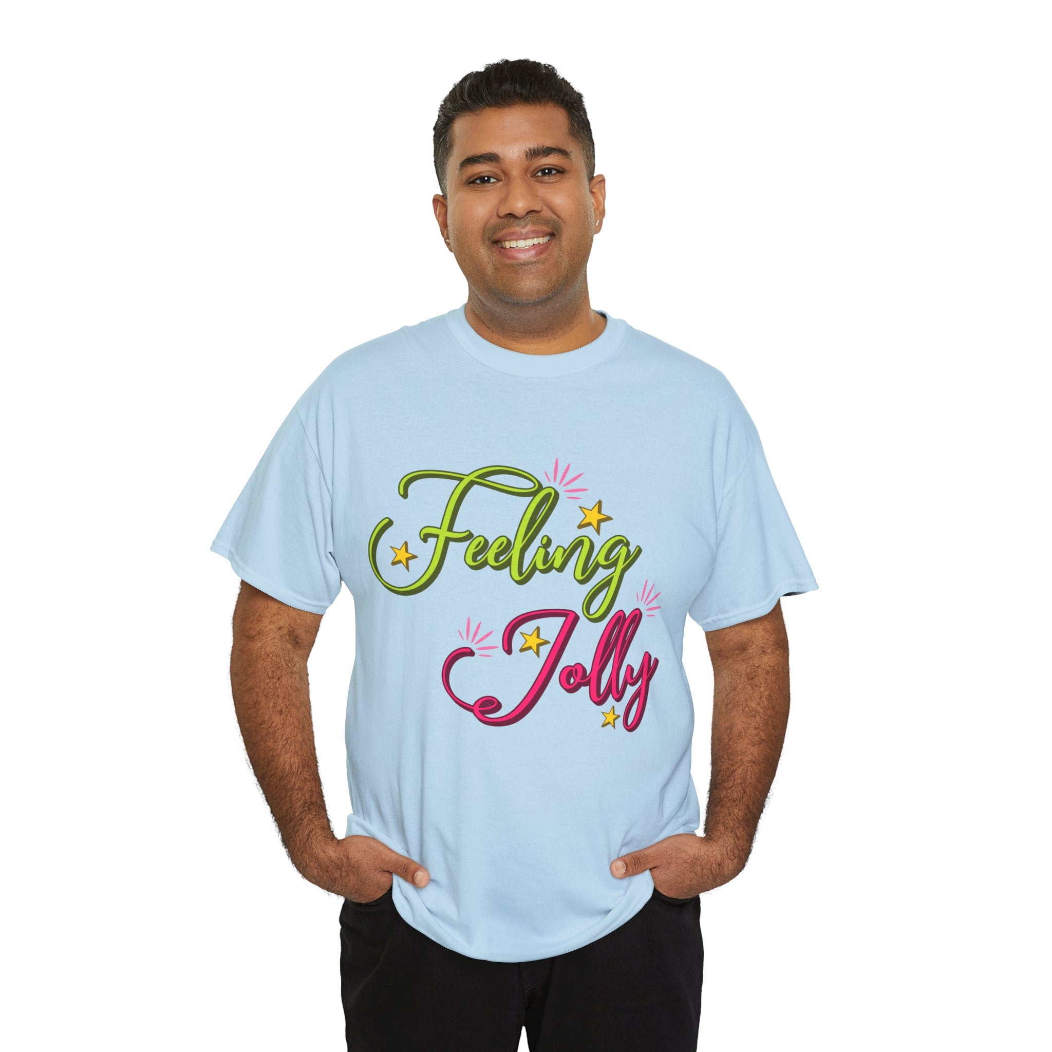 Feeling Jolly Tee — Festive Green & Pink Script with Yellow Stars Unisex Cotton Tee