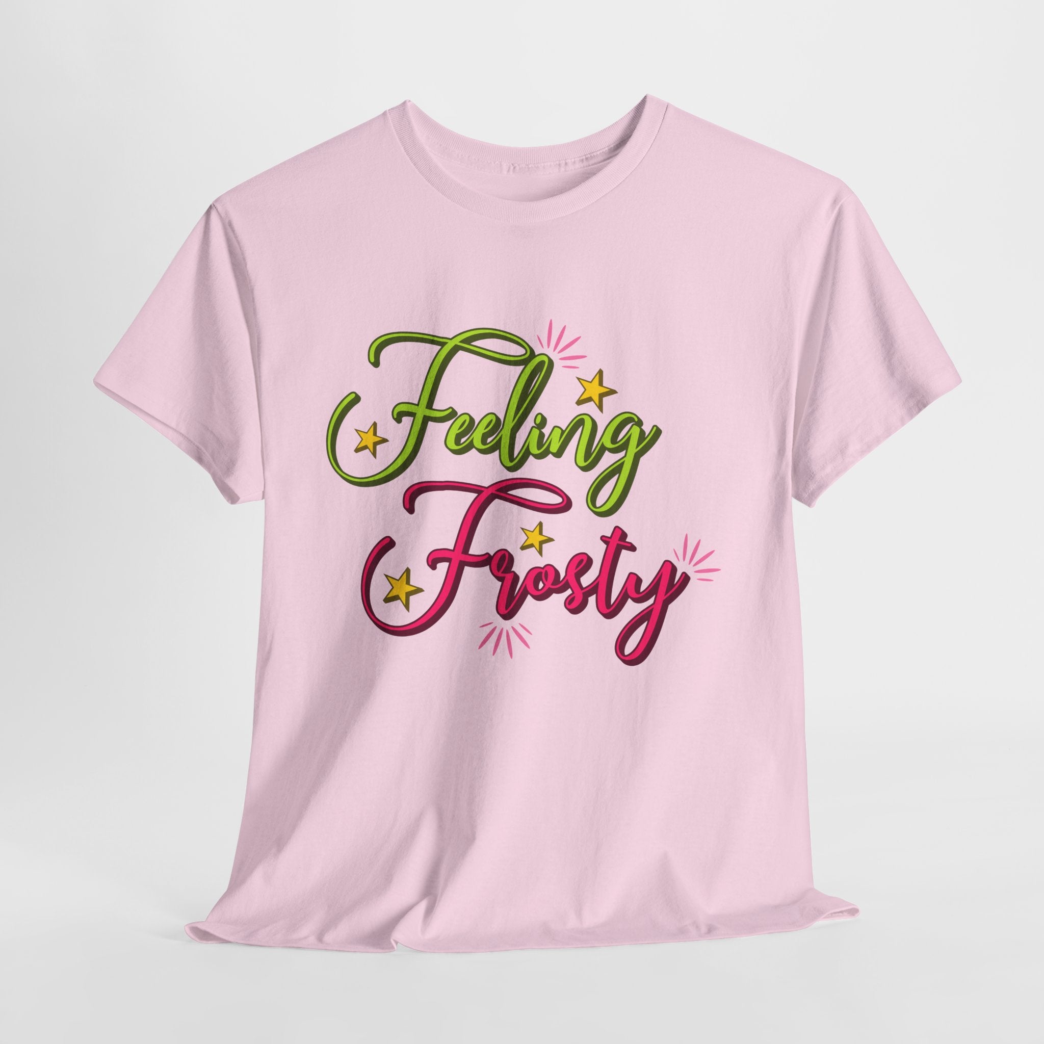 Feeling Frosty Holiday T-Shirt — Green & Pink Script Stars.Unisex Cotton Tee