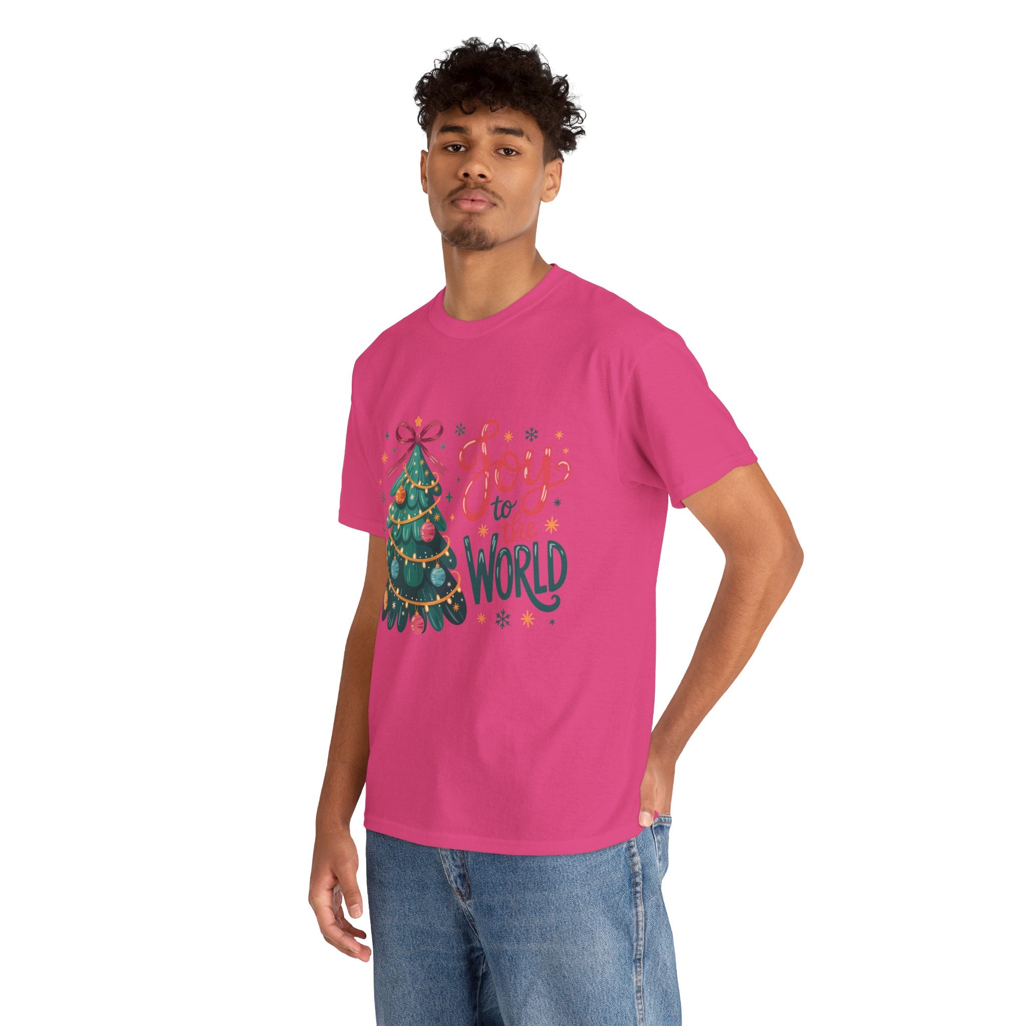 Joy to the World Christmas Tee — Festive Tree with Pink Bow..Unisex Cotton Tee