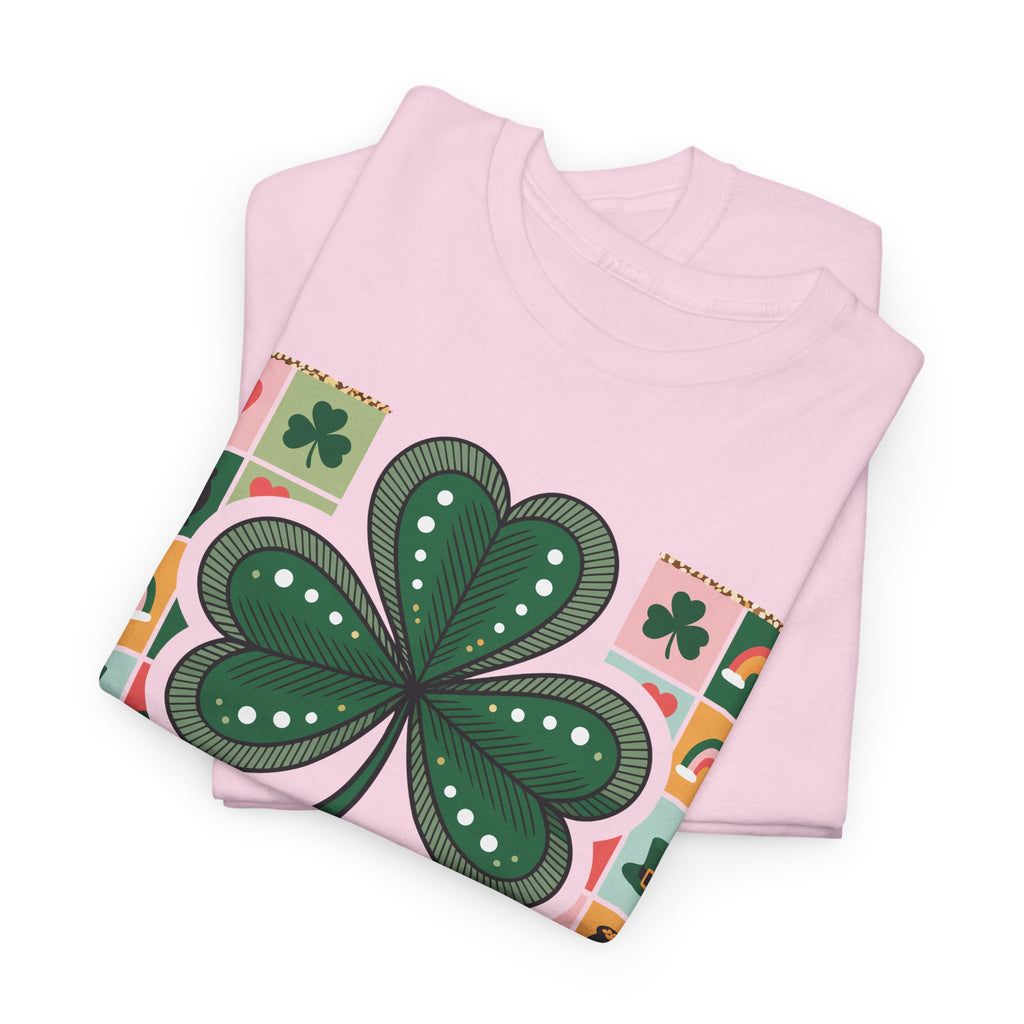 Lucky Charm & Cheer Clover Tee — Patchwork St. Patrick’s Day Unisex Cotton T-Shirt