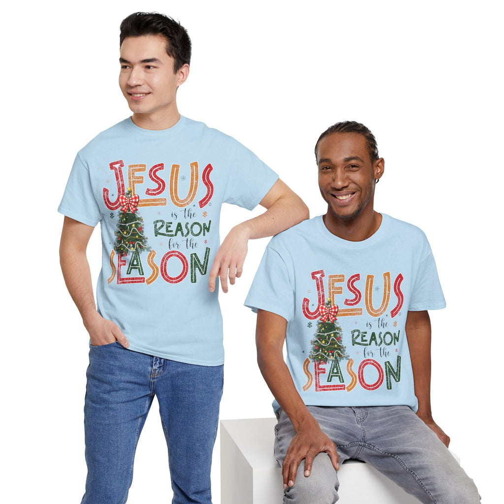 Jesus Is the Reason for the Season Christmas T-Shirt — Plaid Bow Tree..Unisex Cotton Tee