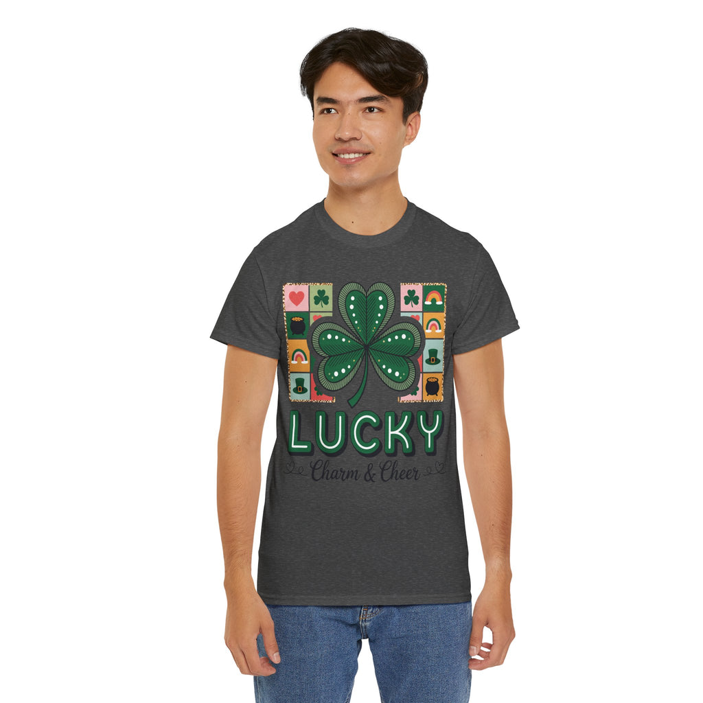 Lucky Charm & Cheer Clover Tee — Patchwork St. Patrick’s Day Unisex Cotton T-Shirt
