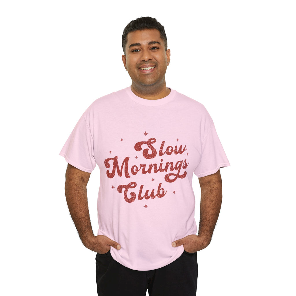 Slow Mornings Club T-Shirt — Retro Red Sparkle Unisex Cotton Tee