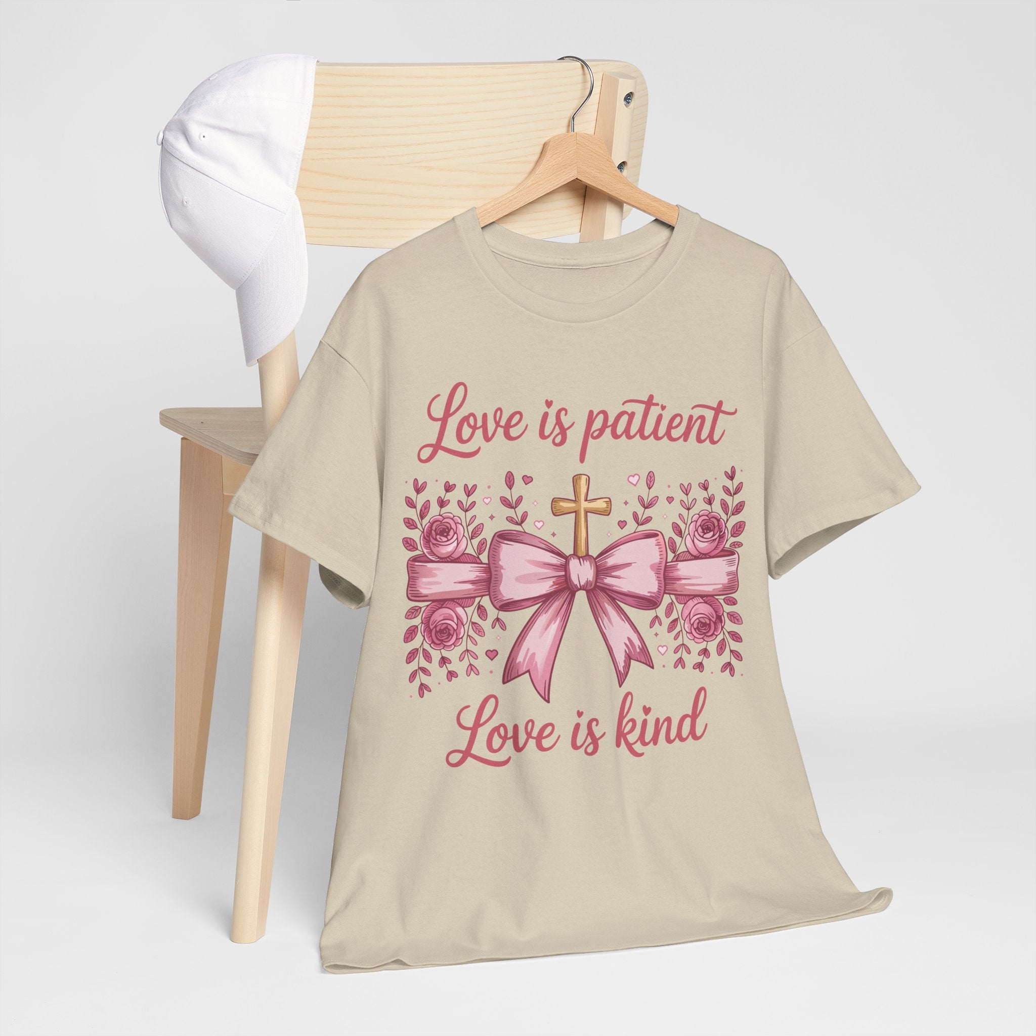 Christian Floral Tee — "Love is Patient, Love is Kind" Pink Rose Cross. Unisex Cotton Tee
