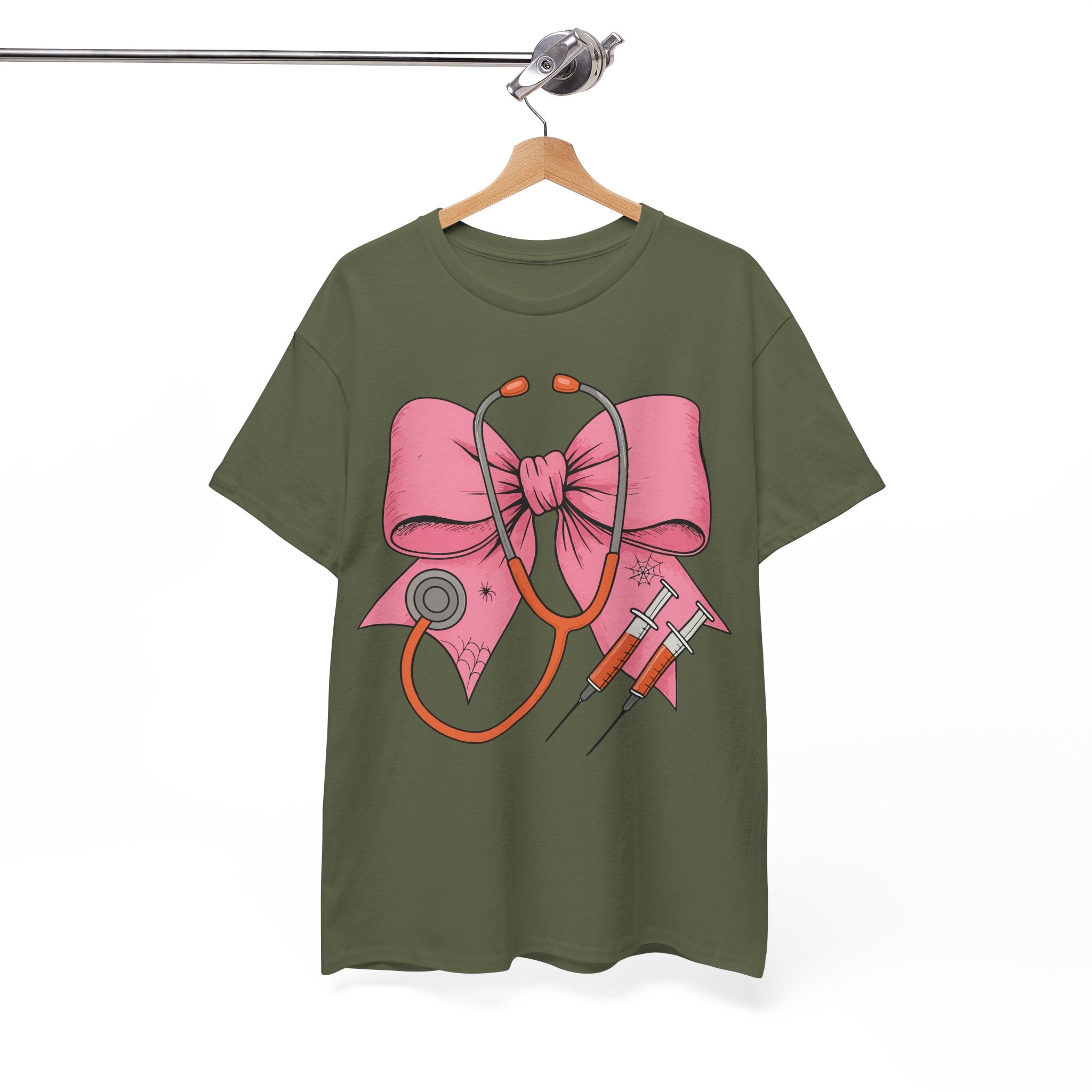 Halloween Nurse T‑Shirt — Pink Nurse Bow with Stethoscope, Syringes & Spider Webs..Unisex Cotton Tee