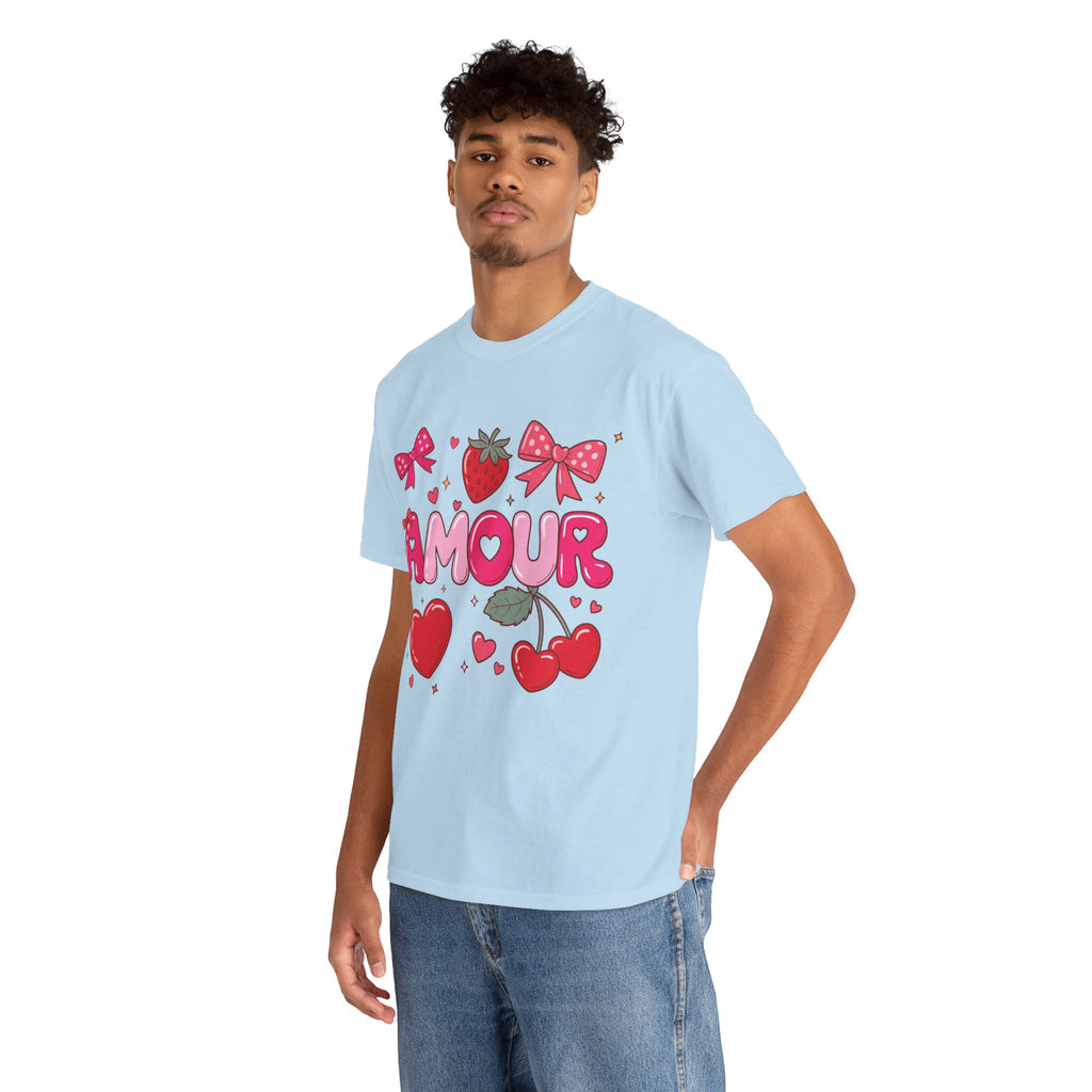 Amour Pink Hearts Tee — Shiny Lettering with Bows, Cherries & Strawberry Accent...Unisex Cotton Tee