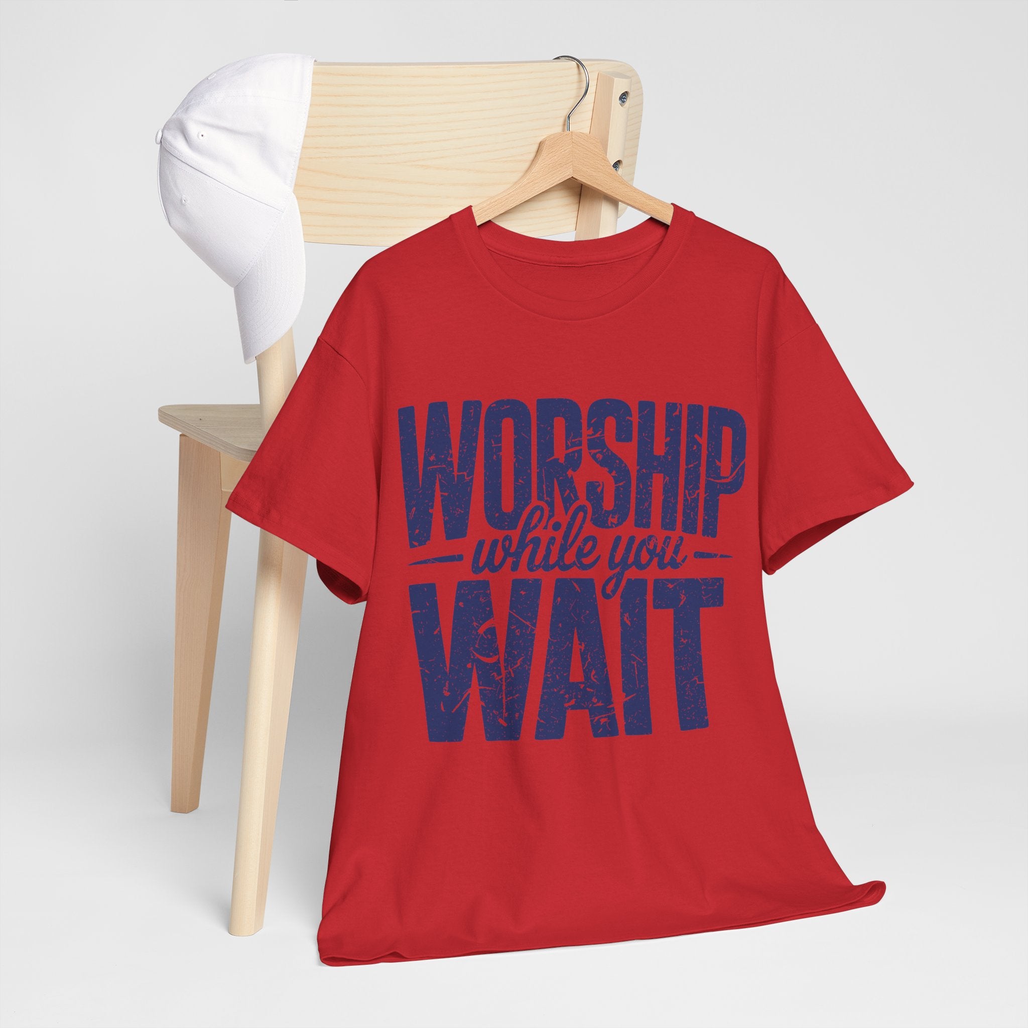 Worship While You Wait T‑Shirt — Distressed Pastel Blue Faith Unisex Cotton Tee