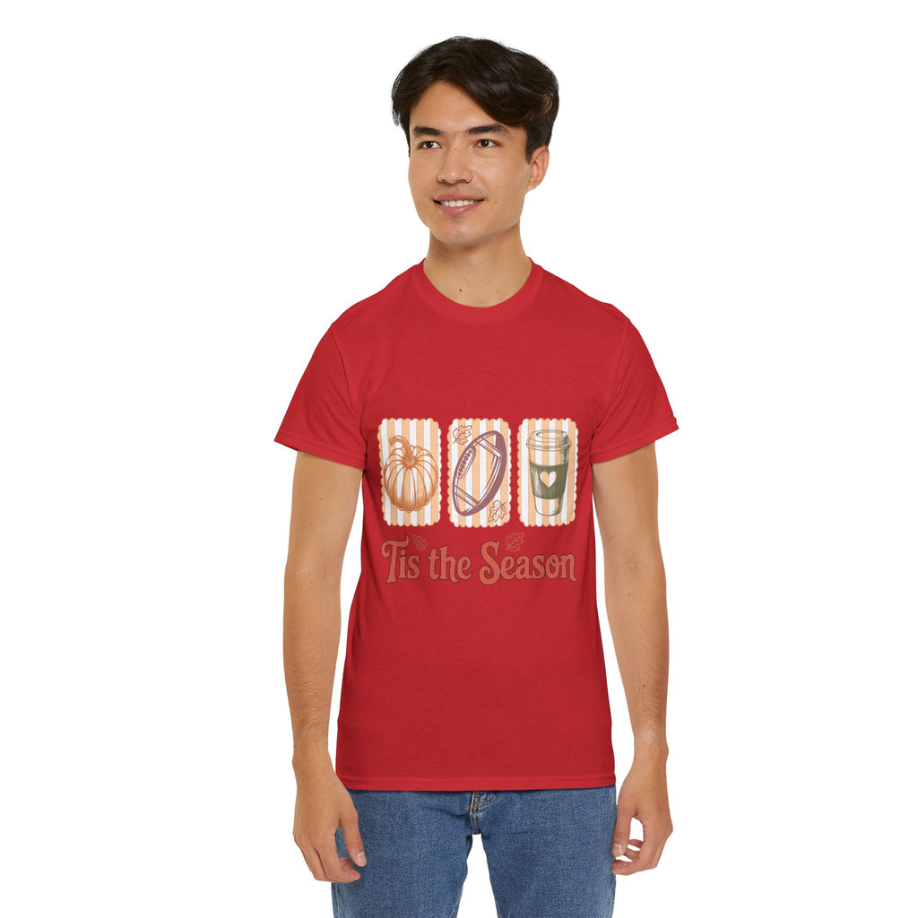 Tis the Season Pumpkin, Football & Coffee Fall Unisex Cotton T-Shirt