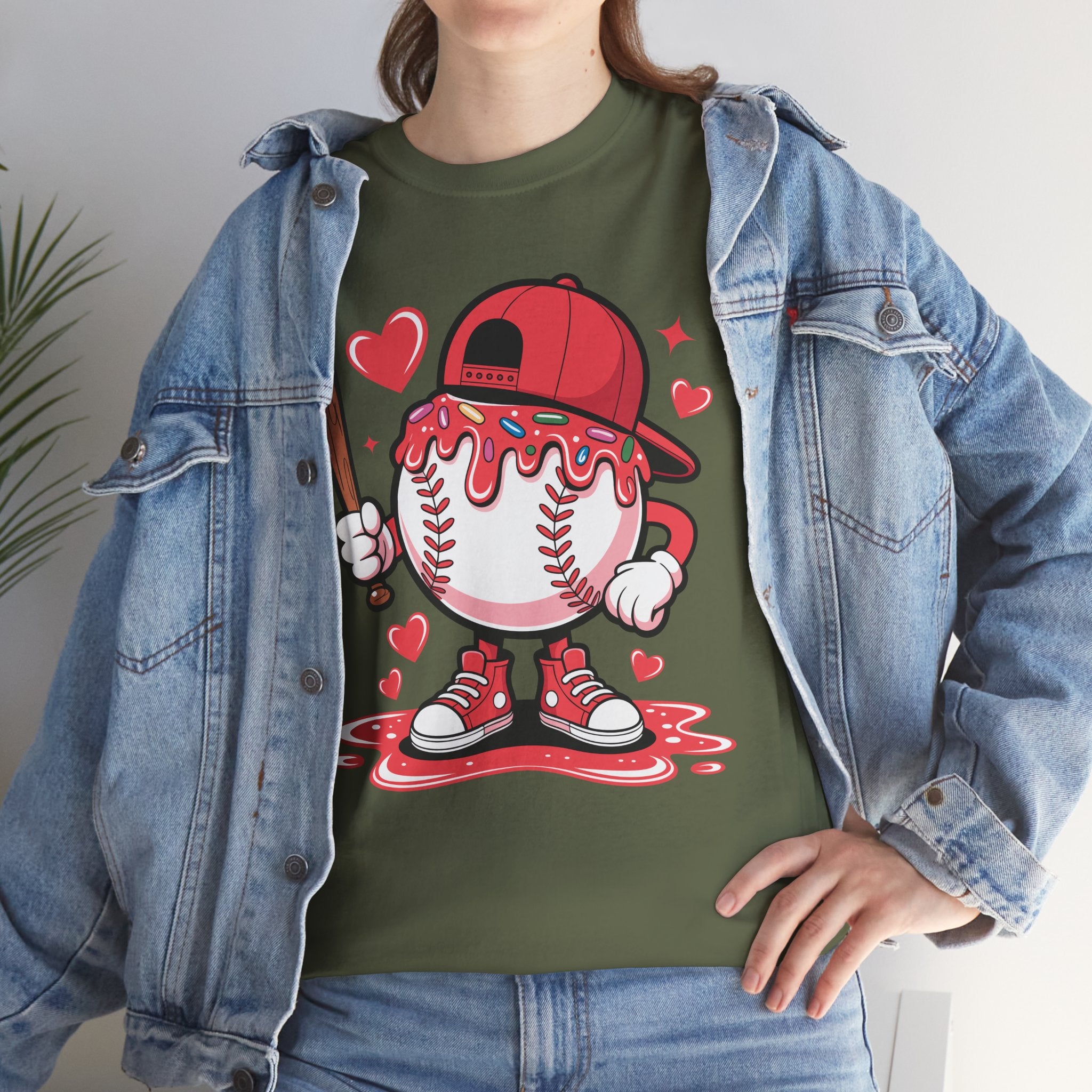 Cute Baseball Character T-Shirt — Red Cap & Icing Top Graphic with Hearts Unisex Cotton Tee