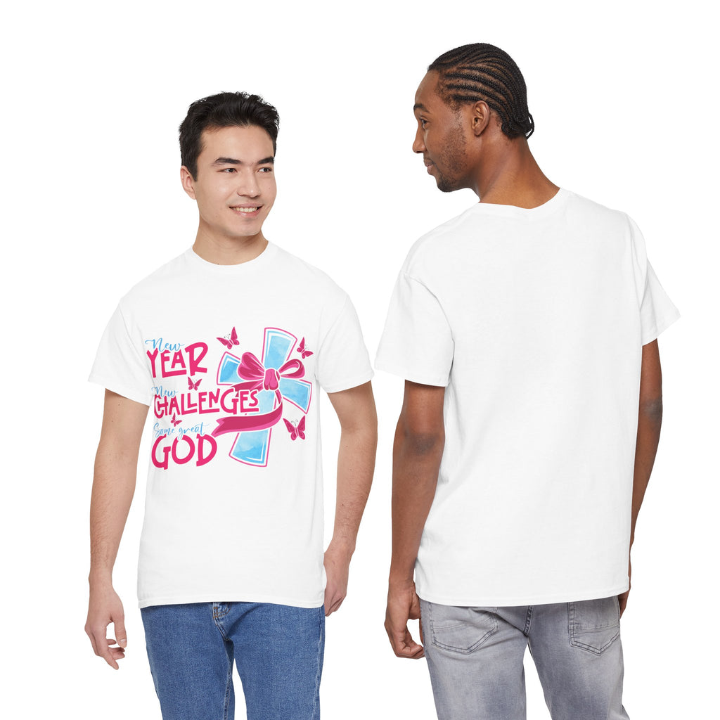 Christian T-Shirt — “New Year, New Challenges, Same Great God” with Pink Bow Cross & Butterflies. Unisex Cotton Tee