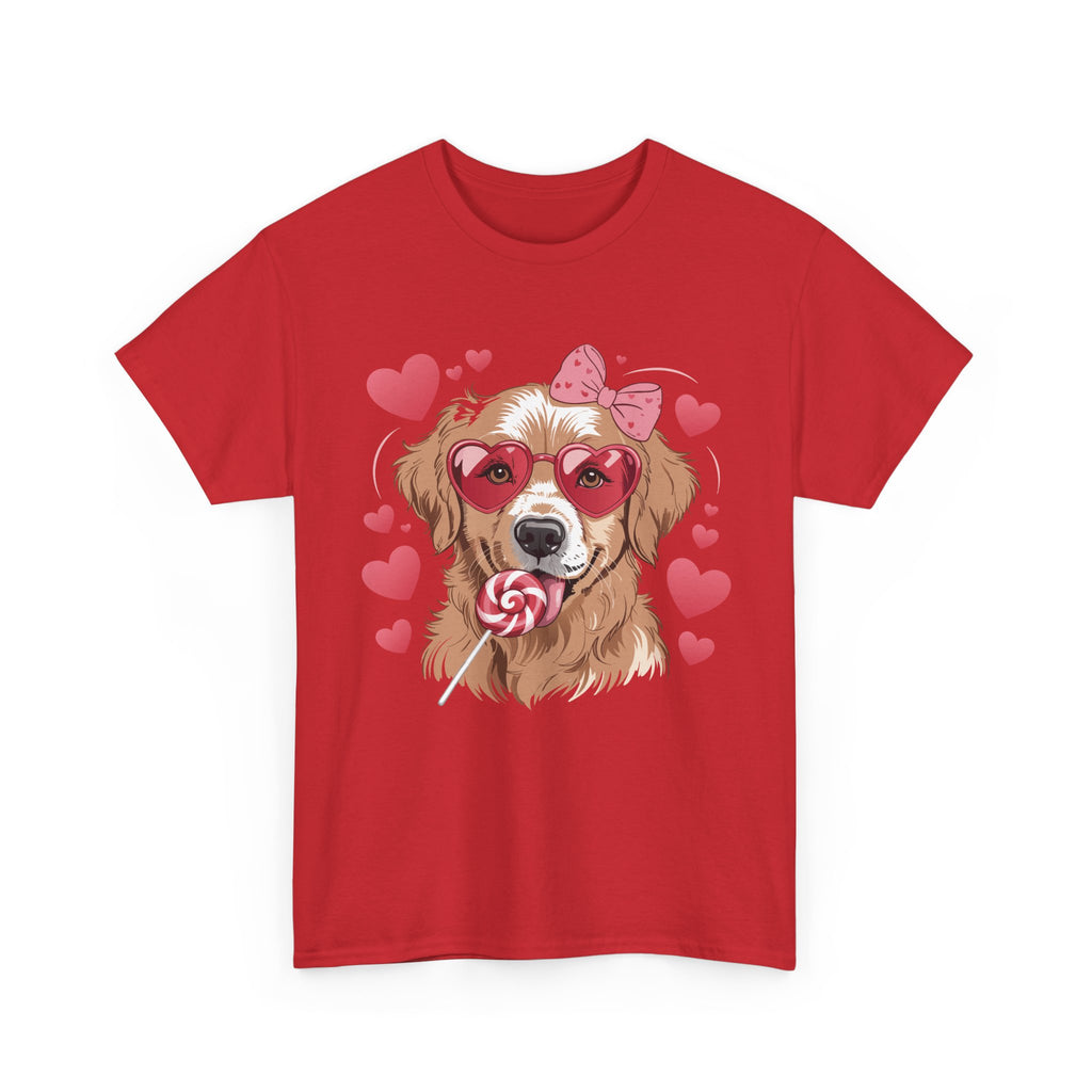 Valentine Dog T-Shirt — Cute Pup with Heart Glasses, Pink Bow & Lollipop..Unisex Cotton Tee