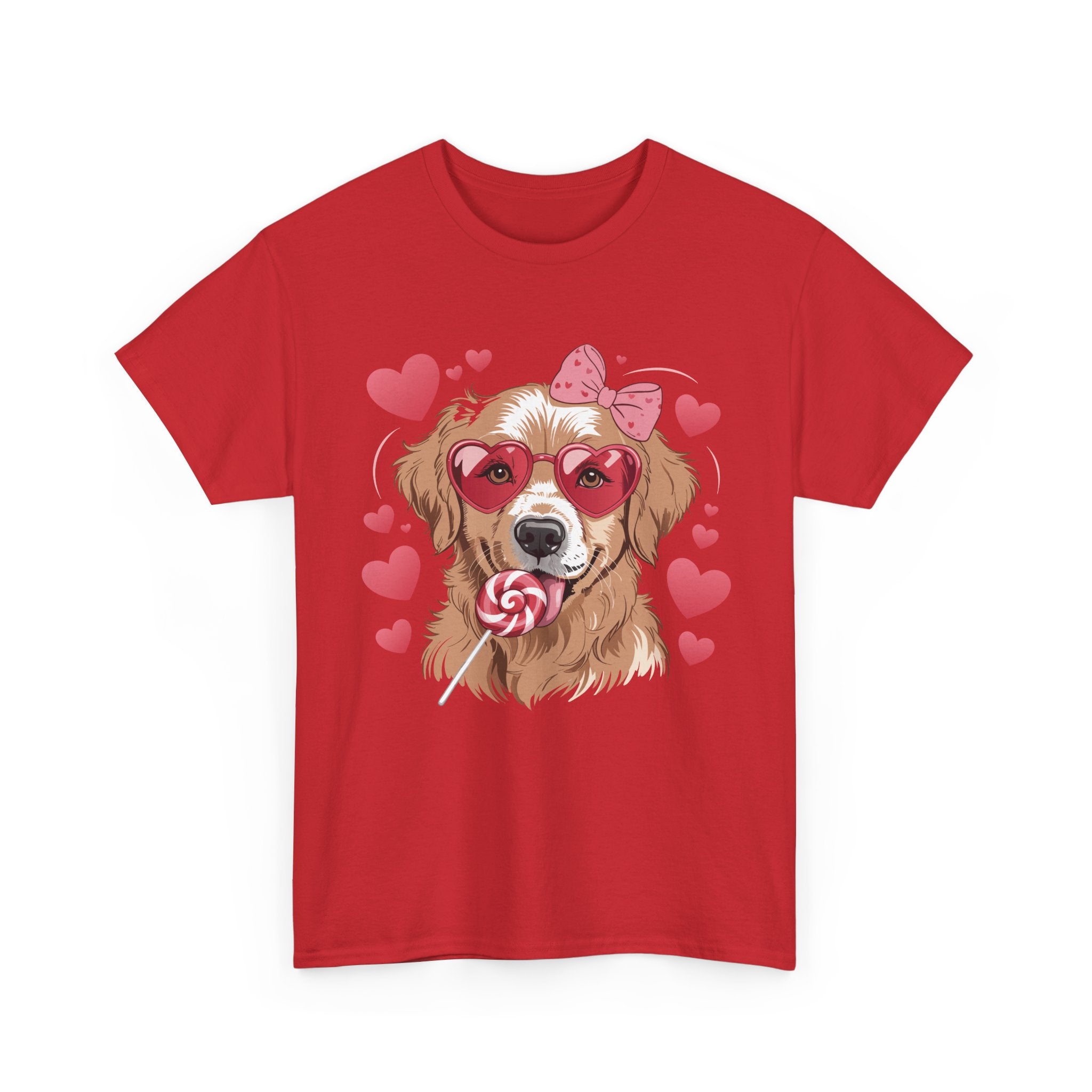 Valentine Dog T-Shirt — Cute Pup with Heart Glasses, Pink Bow & Lollipop..Unisex Cotton Tee