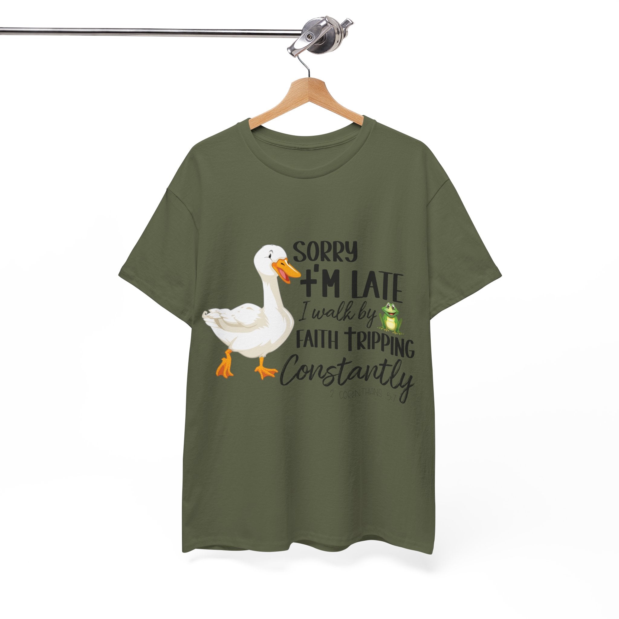 Christian Humor T-Shirt — “Sorry I’m Late, I Walk by Faith Tripping Constantly” (Duck & Frog). Unisex Cotton Tee
