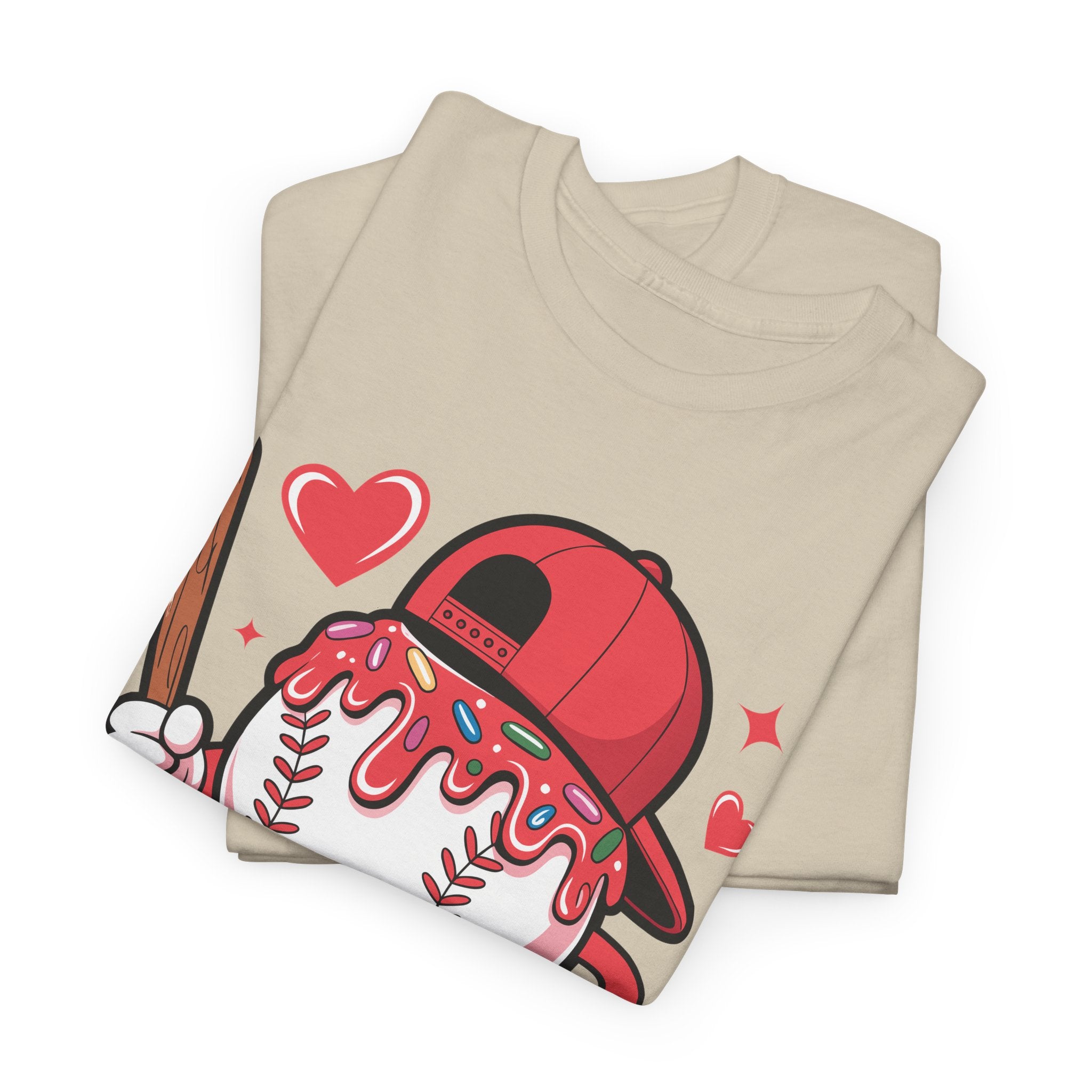 Cute Baseball Character T-Shirt — Red Cap & Icing Top Graphic with Hearts Unisex Cotton Tee