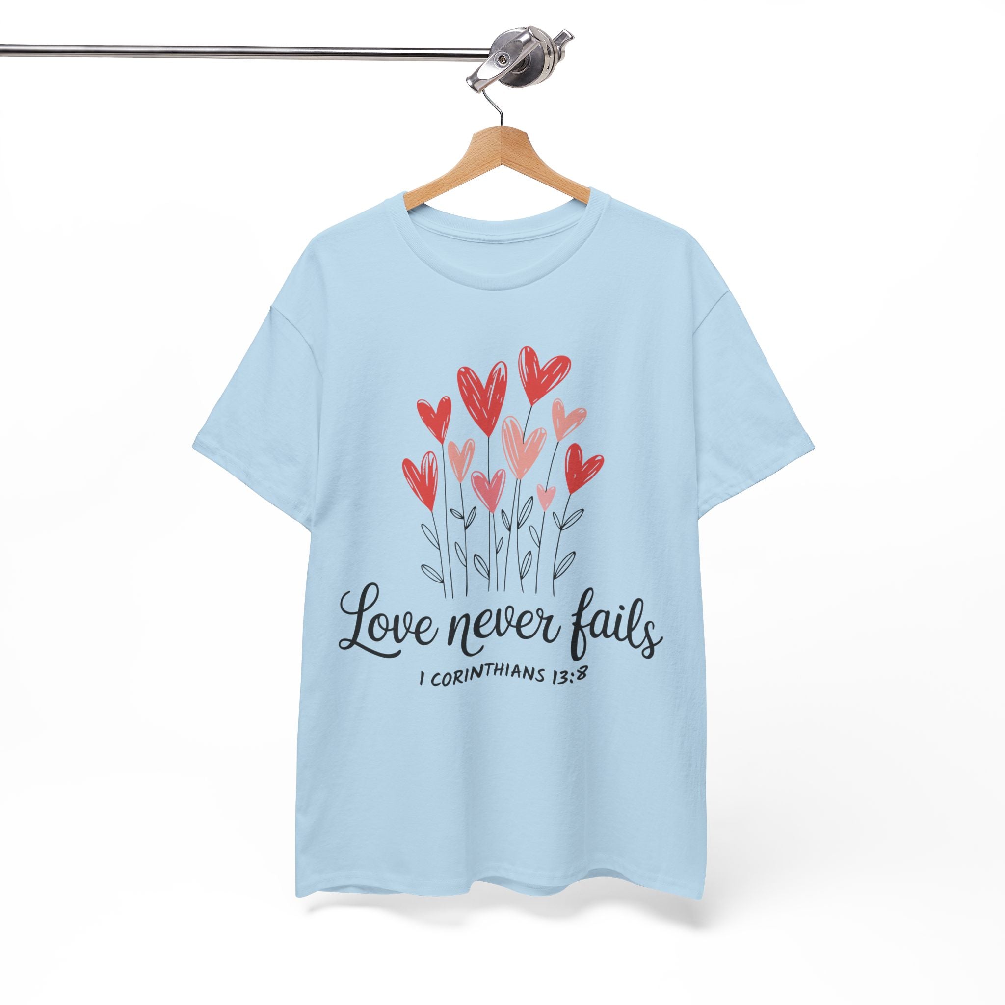 Christian Valentine T-Shirt — "Love Never Fails" (1 Corinthians 13:8) Unisex Cotton Tee