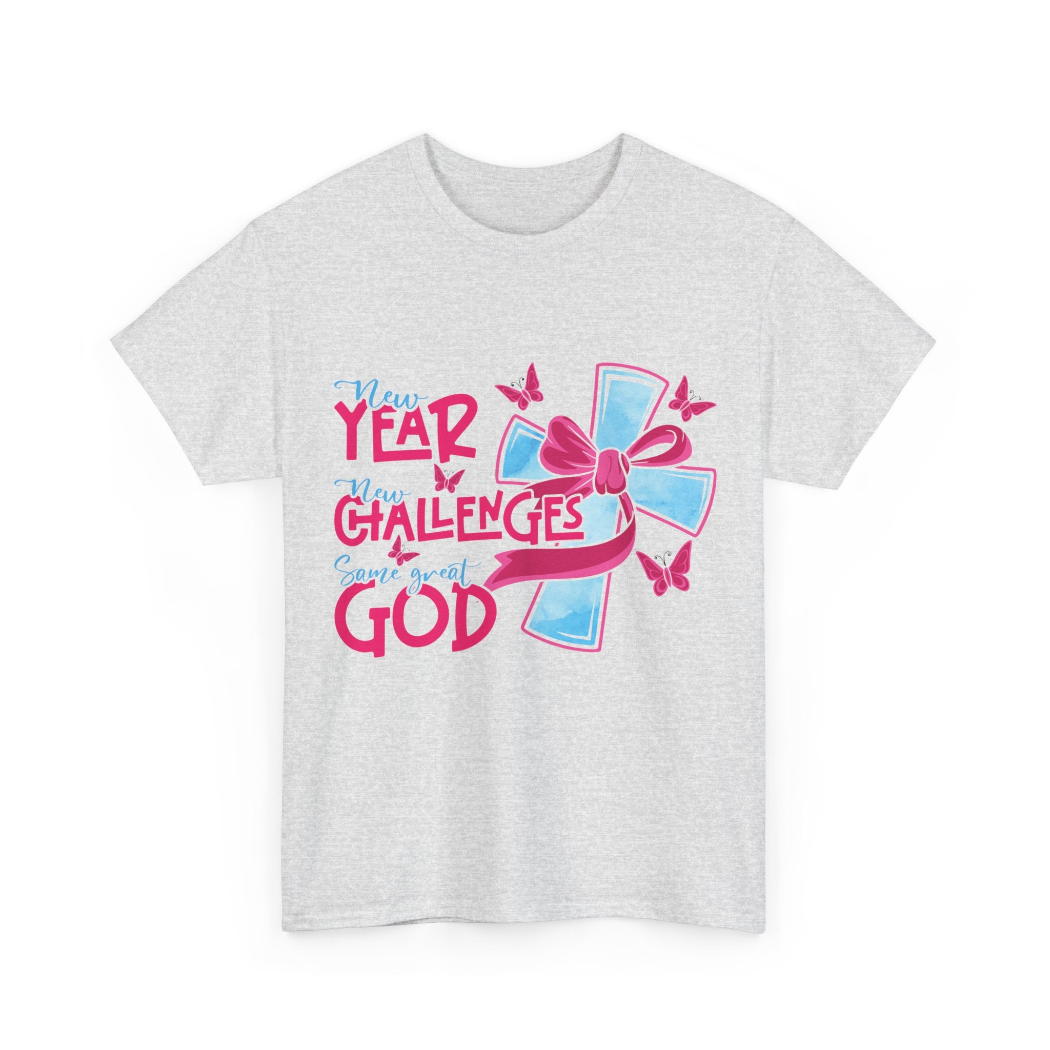Christian T-Shirt — “New Year, New Challenges, Same Great God” with Pink Bow Cross & Butterflies. Unisex Cotton Tee