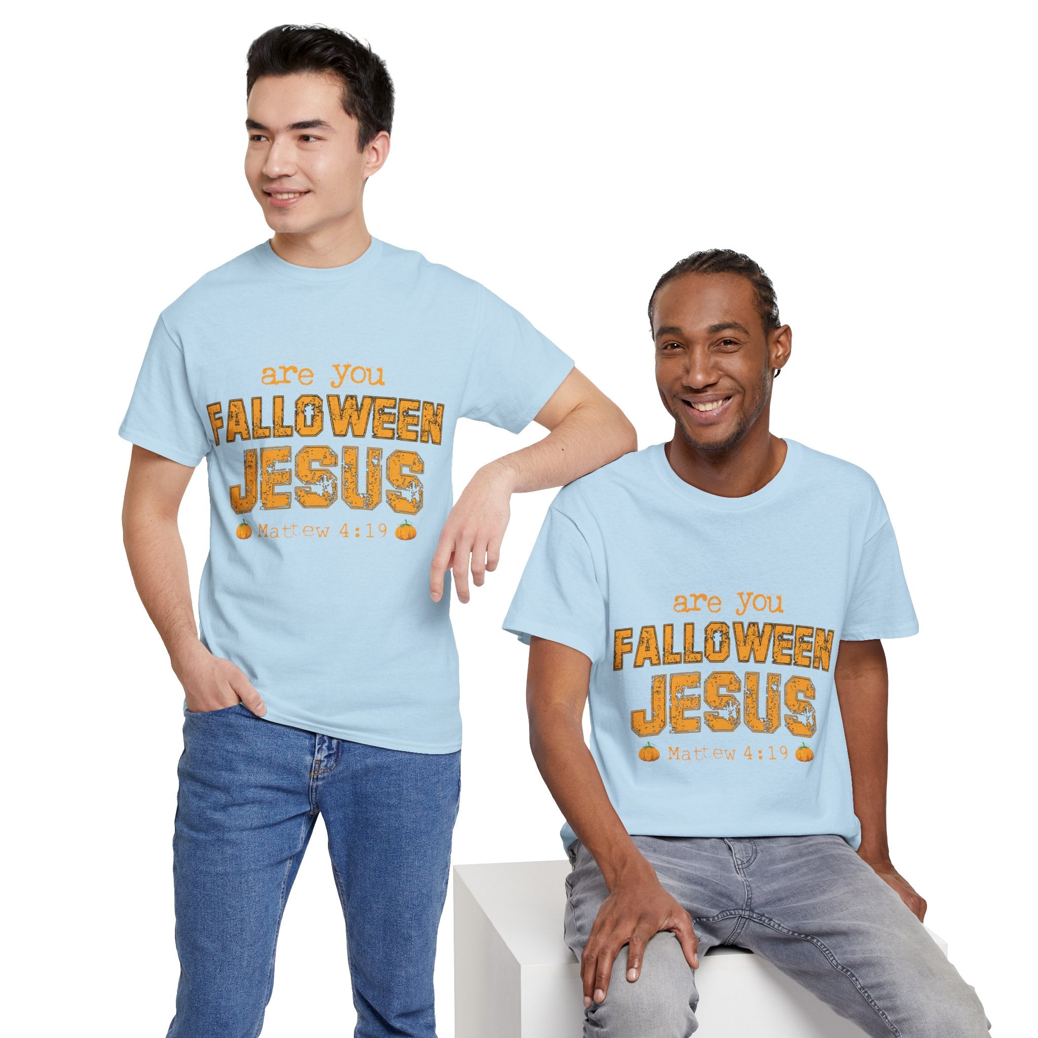 Christian Halloween T-Shirt — “Are You Falloween Jesus? Matthew 4:19” Distressed Pumpkin Design. Unisex Cotton Tee