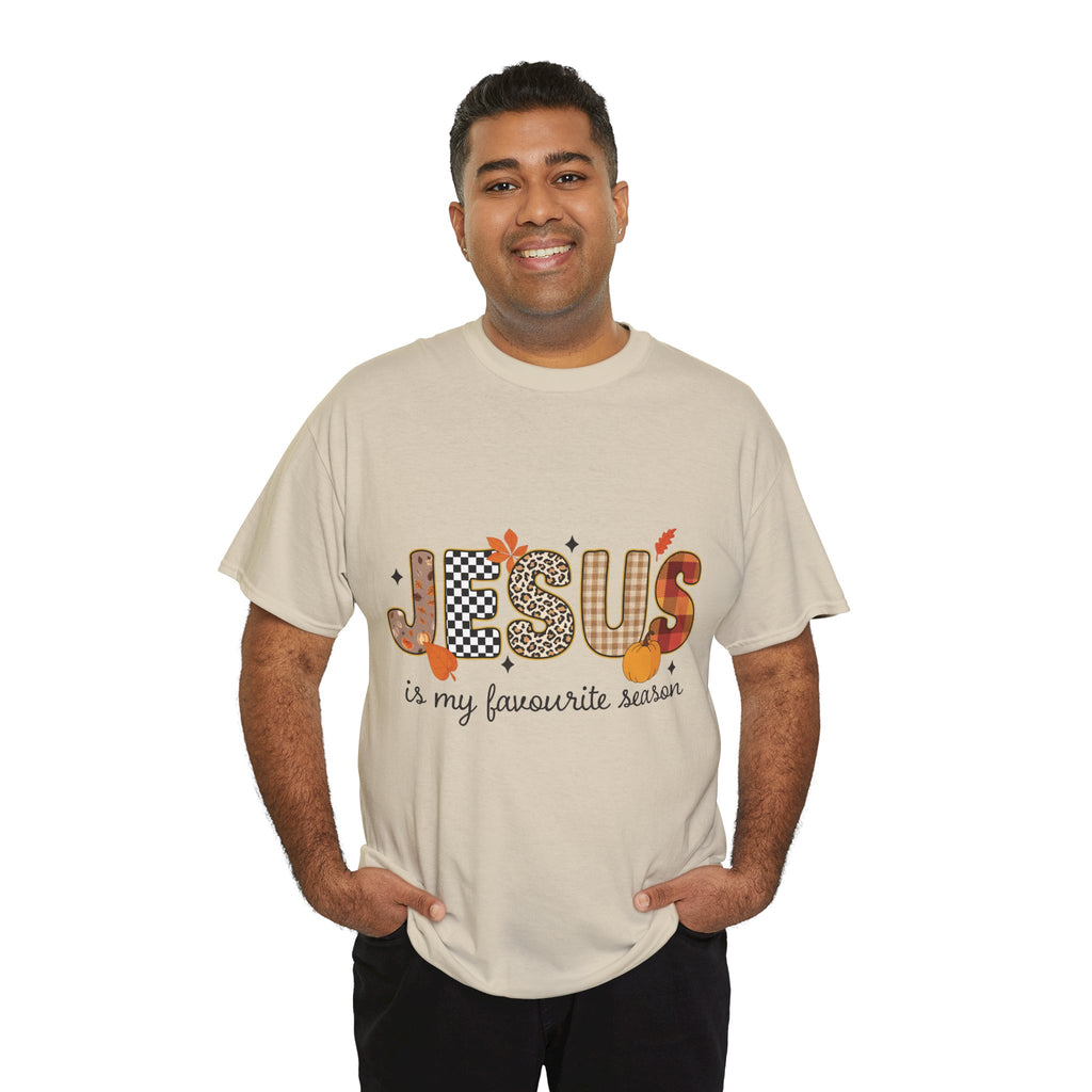 Jesus Is My Favorite Season Tee — Autumn Plaid & Leopard Lettering Unisex Cotton Tee