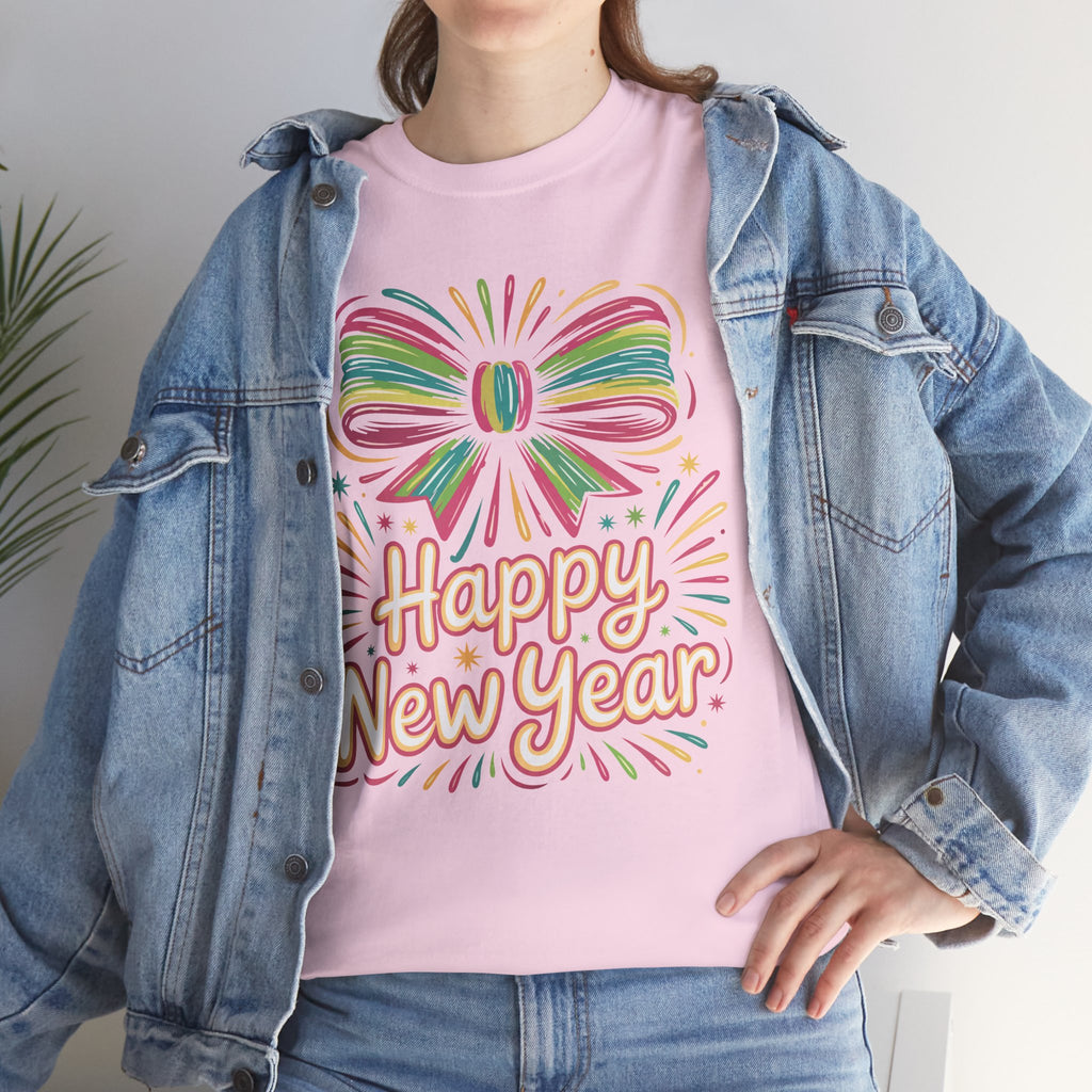 Happy New Year Pastel Tee — Rainbow Bow & Fireworks Celebration Unisex Cotton Tshirt