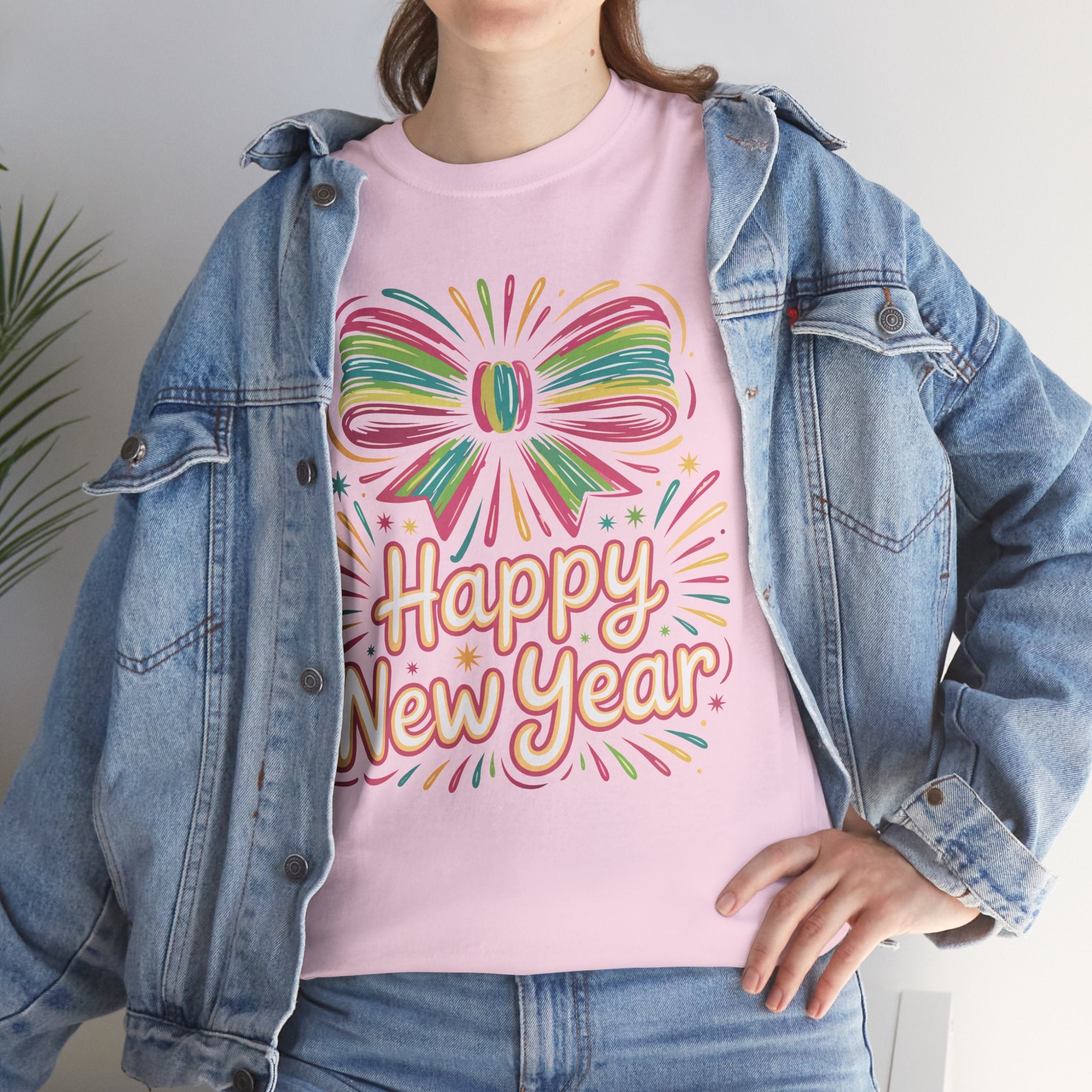 Happy New Year Pastel Tee — Rainbow Bow & Fireworks Celebration Unisex Cotton Tshirt