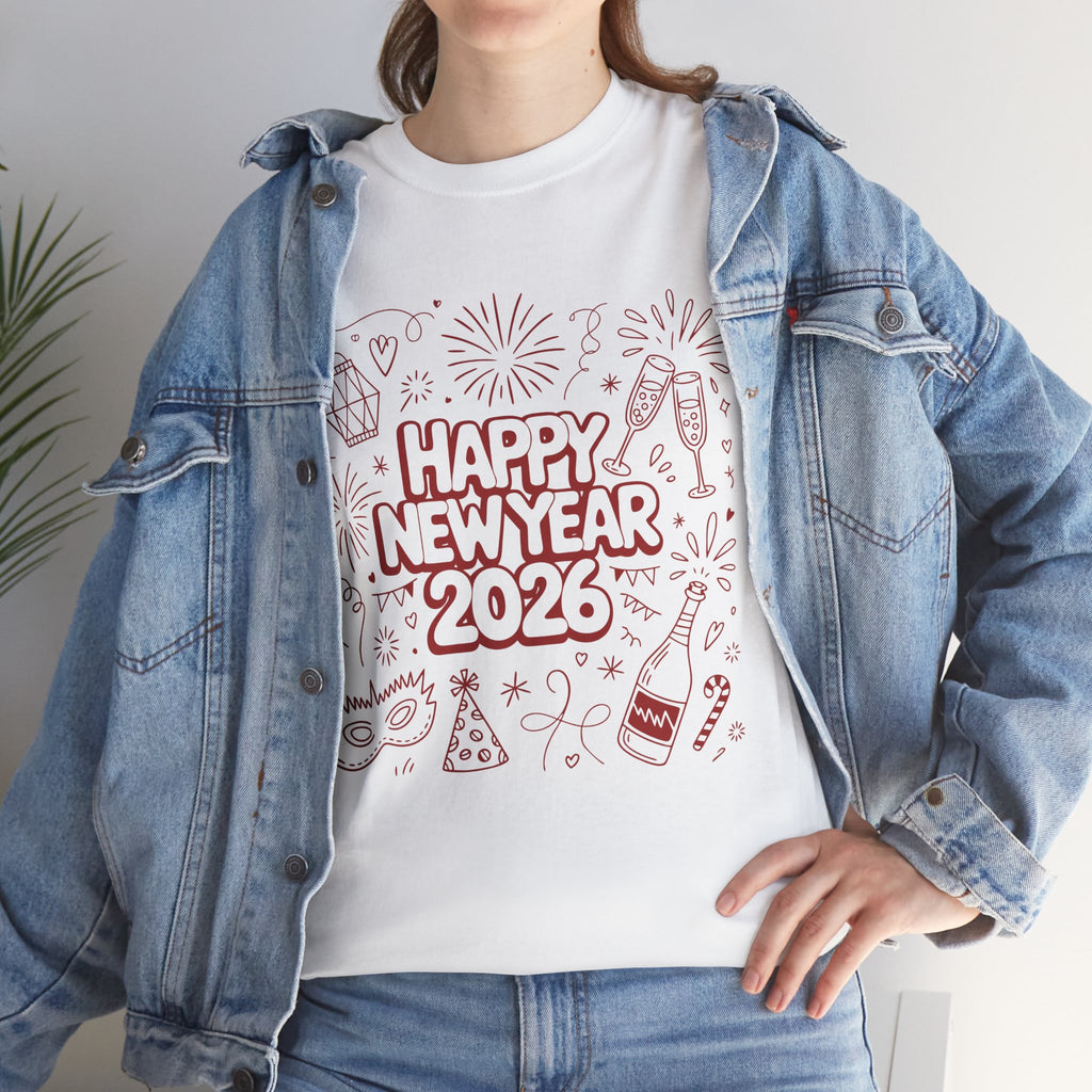 Happy New Year 2026 Doodle T-Shirt — Pink Party Icons & Champagne Unisex Cotton Tee
