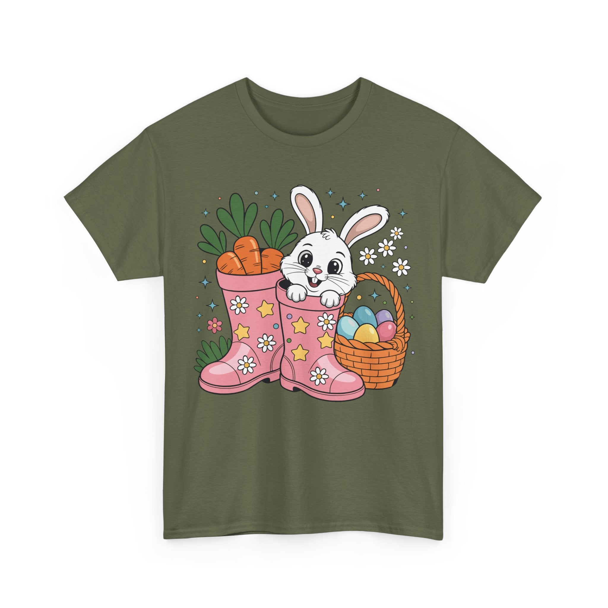 Easter Bunny in Pink Rain Boots T-Shirt — Cartoon Bunny, Carrots & Colorful Eggs Unisex Cotton Tee