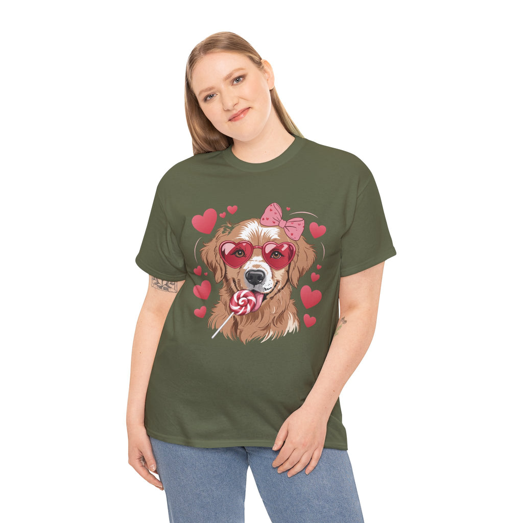 Valentine Dog T-Shirt — Cute Pup with Heart Glasses, Pink Bow & Lollipop..Unisex Cotton Tee
