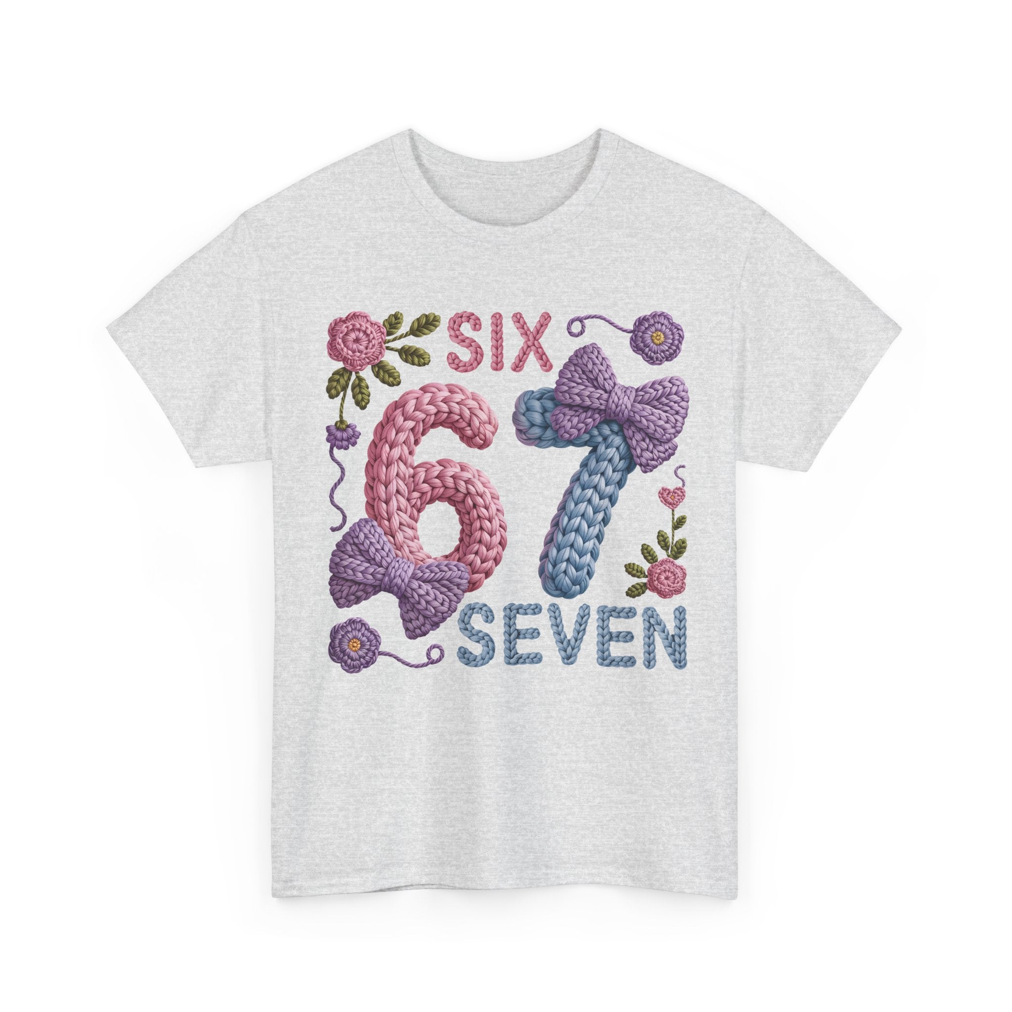 Pastel Crochet Numbers 6 & 7 Tee — Faux-Yarn Bows & Flowers. Unisex Cotton Tee