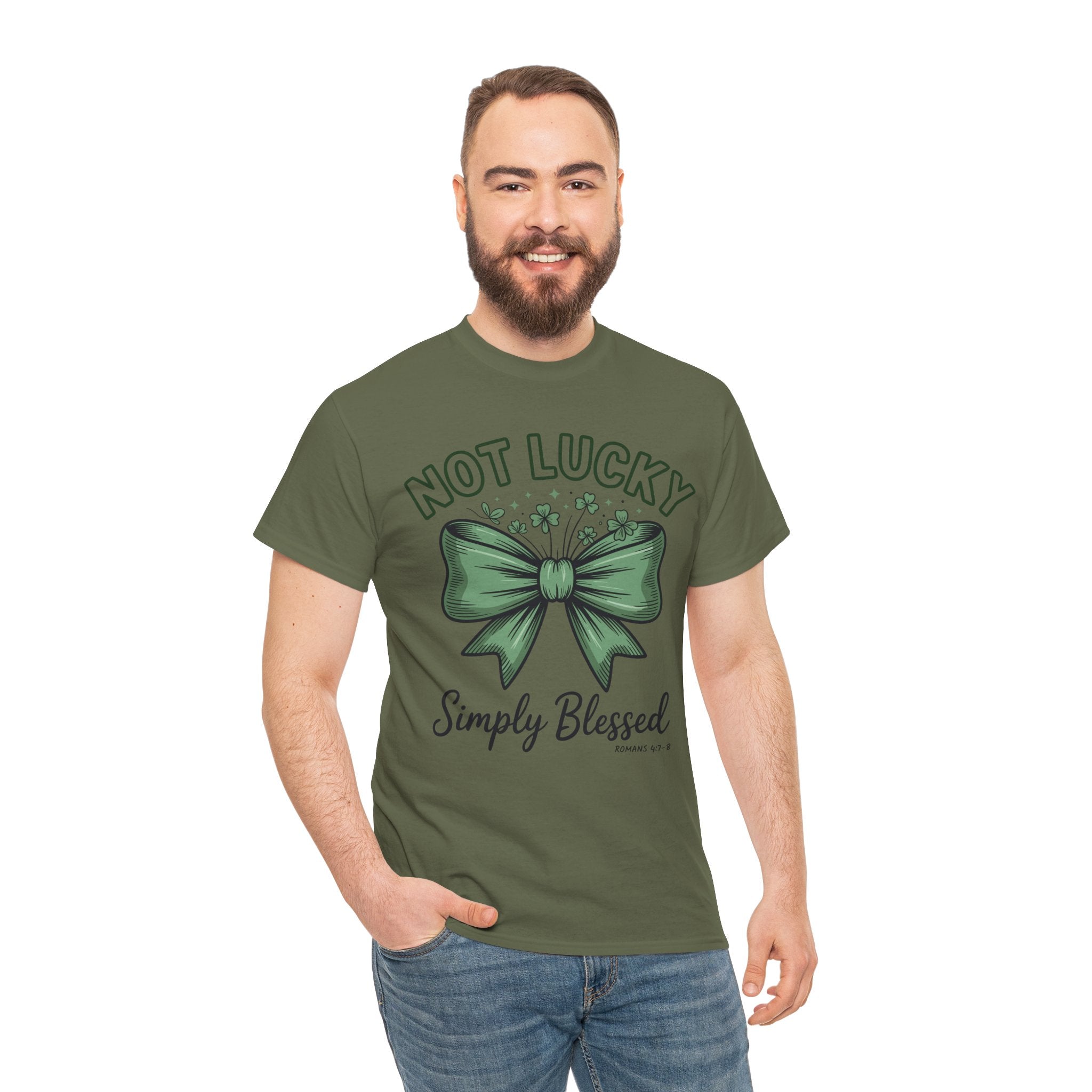 Not Lucky, Simply Blessed T-Shirt — Green Bow & Clovers St. Patrick’s Unisex Cotton Tee