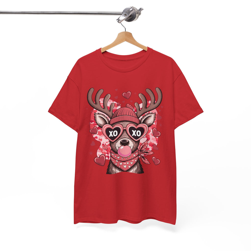 Valentine Deer Tee — Cute XO Heart Glasses, Beanie & Scarf Unisex Cotton Tshirt