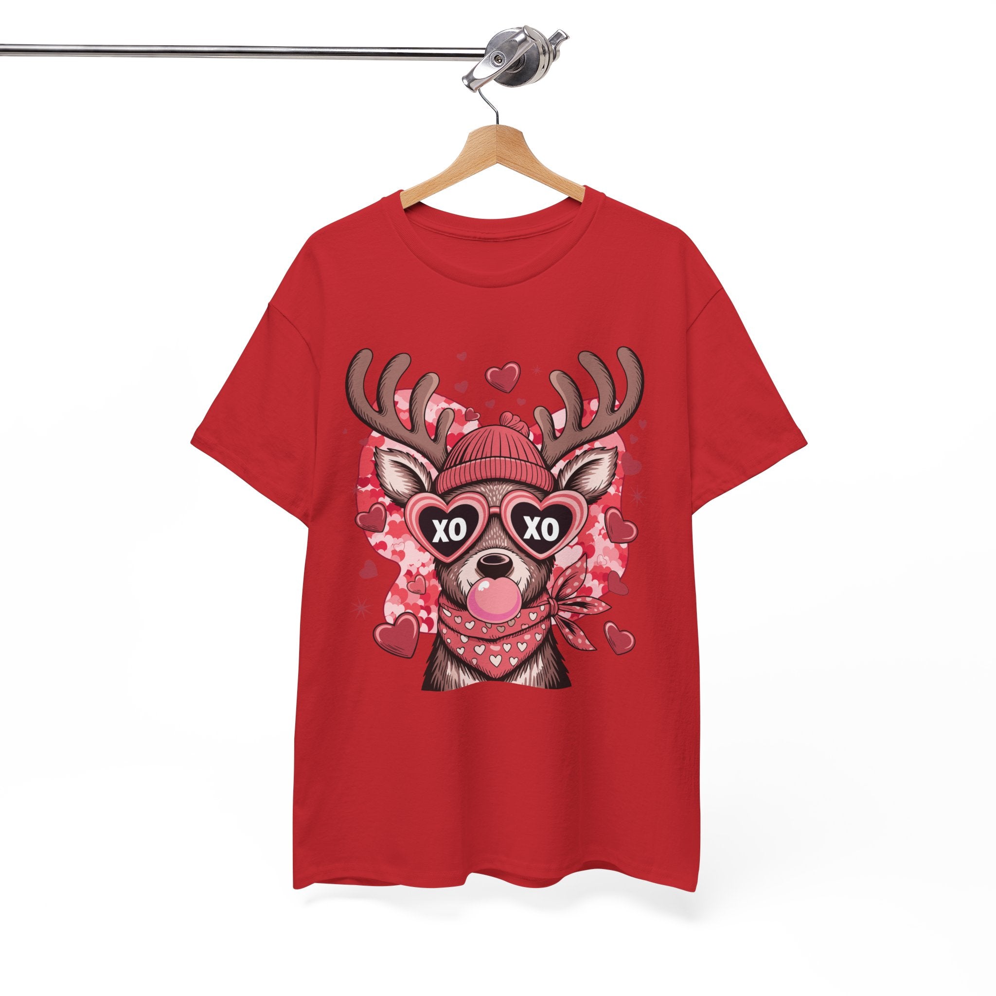 Valentine Deer Tee — Cute XO Heart Glasses, Beanie & Scarf Unisex Cotton Tshirt