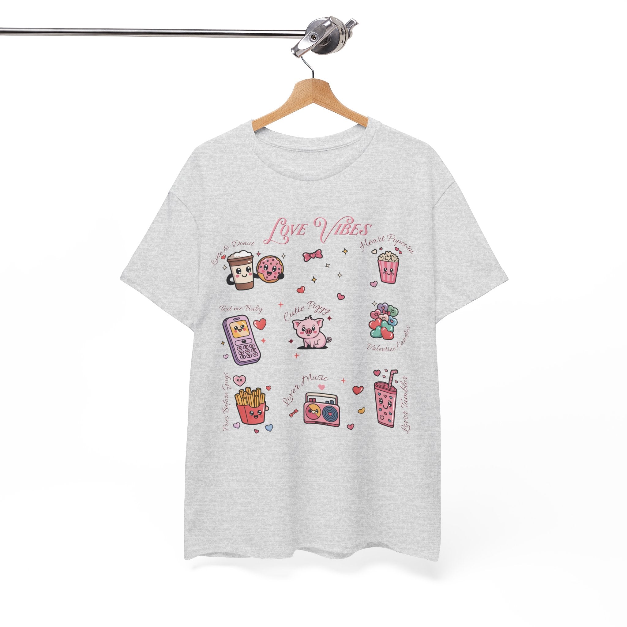 Love Vibes Kawaii Valentine T-Shirt — Cute Donut, Coffee & Piglet Design Unisex Cotton Tee
