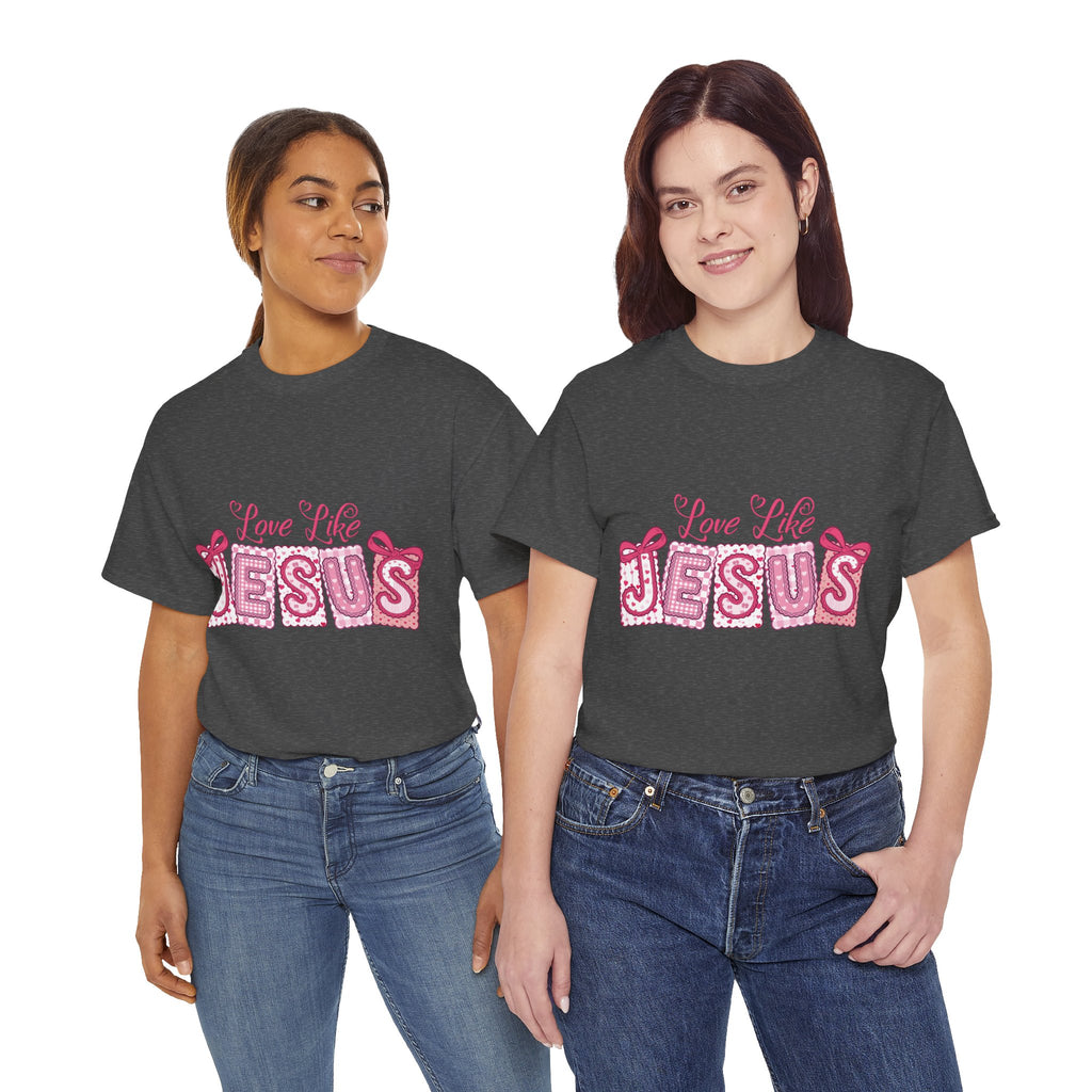 Love Like Jesus Patchwork Tee — Pink Stitched Heart Graphic.Unisex Cotton Tee