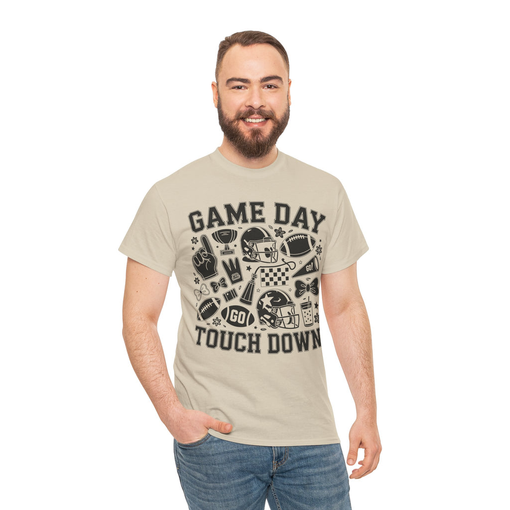 Game Day Touch Down Football T‑Shirt — Helmet & Cheer Monochrome Design Unisex Cotton Tee
