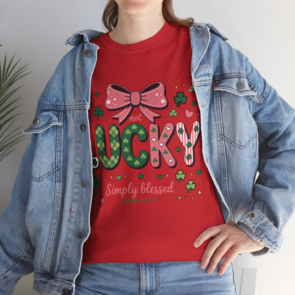 Simply Blessed Tee — “Not Lucky, Simply Blessed” with Pastel Bow, Clovers & Romans 4:7-8 Unisex Cotton Tee