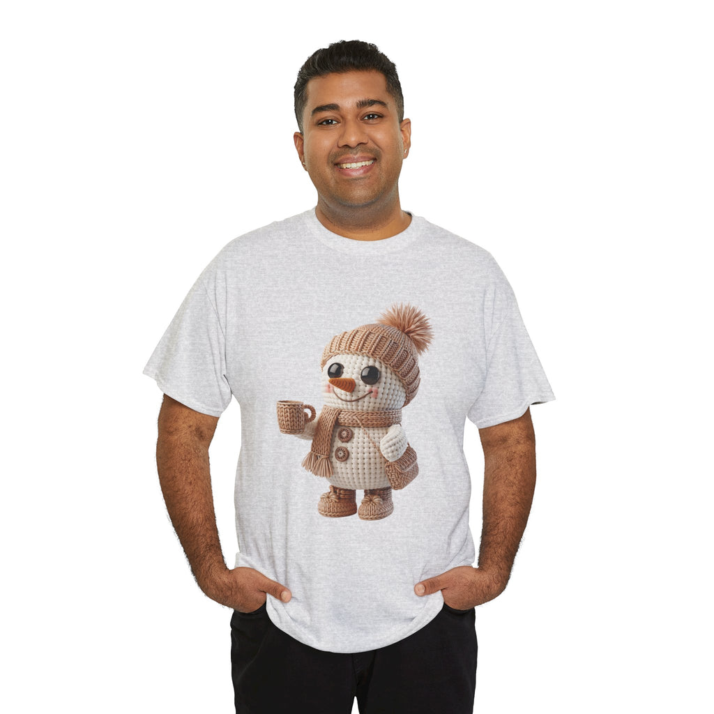 Cozy Snowman Tee — Smiling Snowman with Mug, Scarf & Beanie. Unisex Cotton Tee