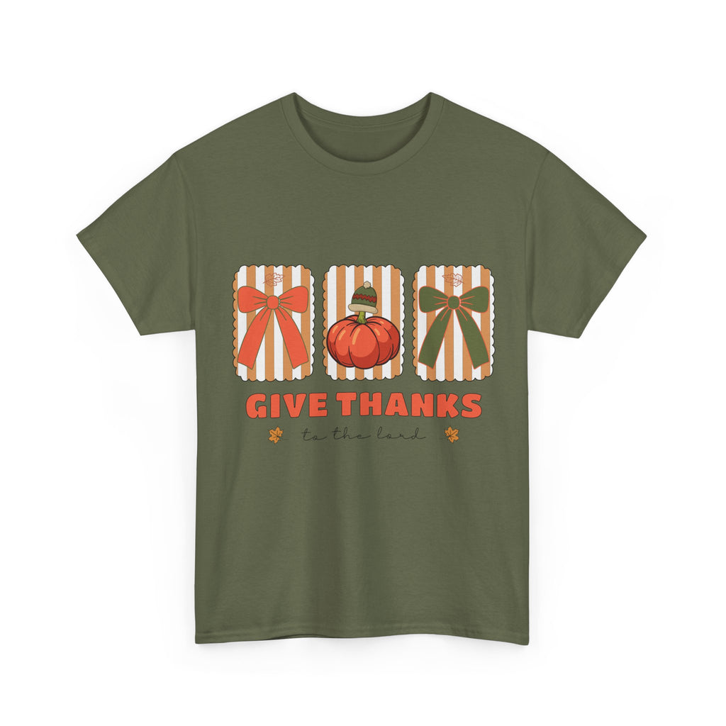 Give Thanks Thanksgiving T-Shirt — Pumpkin with Hat & Bows Unisex Cotton Tee