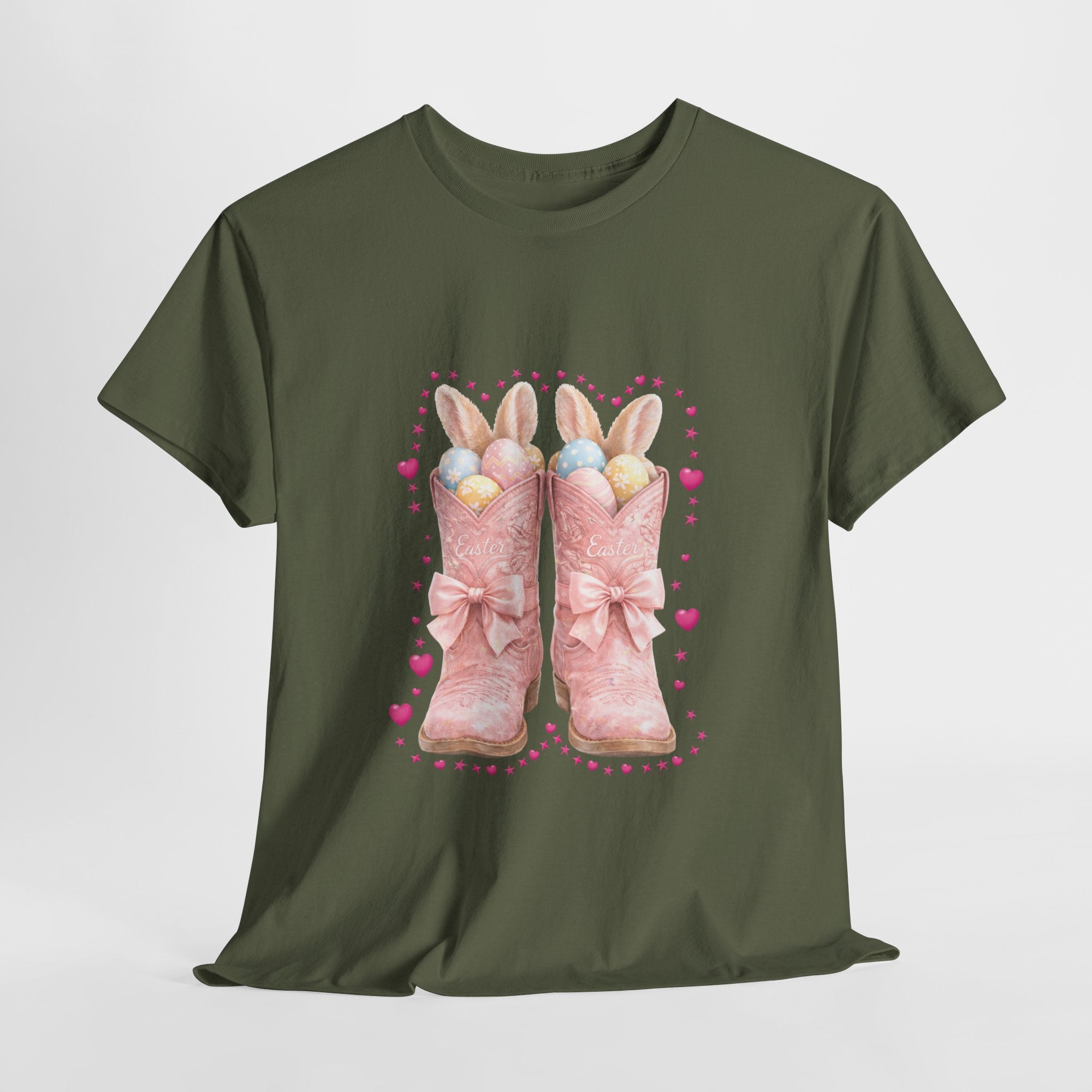 Easter Pink Western Boots Tee — Pastel Bunny Eggs & Bows Unisex Cotton Tee