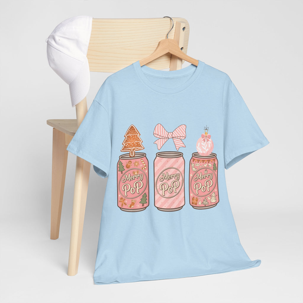 Merry Pop Christmas Soda Can Tee — Pastel Holiday Graphic Unisex Cotton T-Shirt