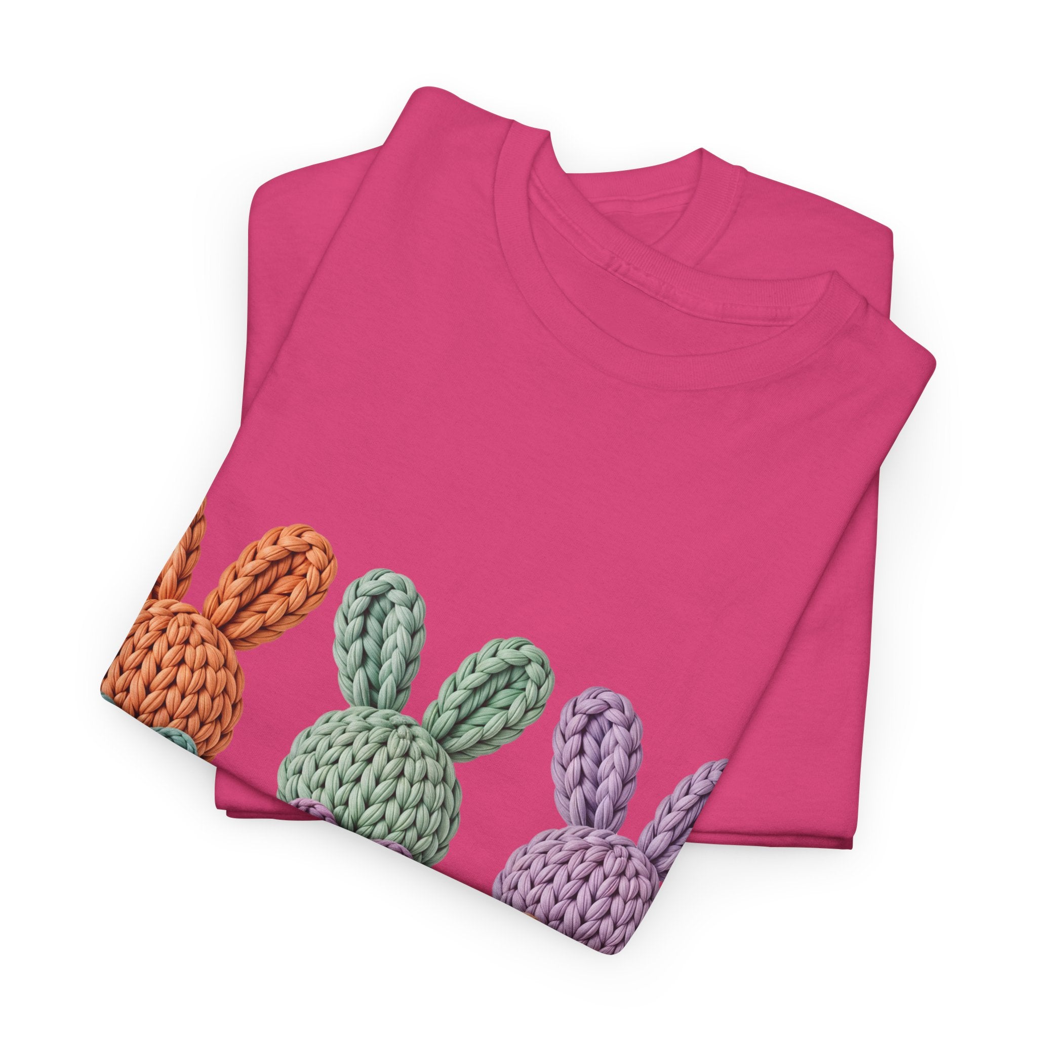 Pastel Crochet Bunny Tee — Trio of Faux Knit Bunnies with Bows & Flowers Unisex Cotton Tee