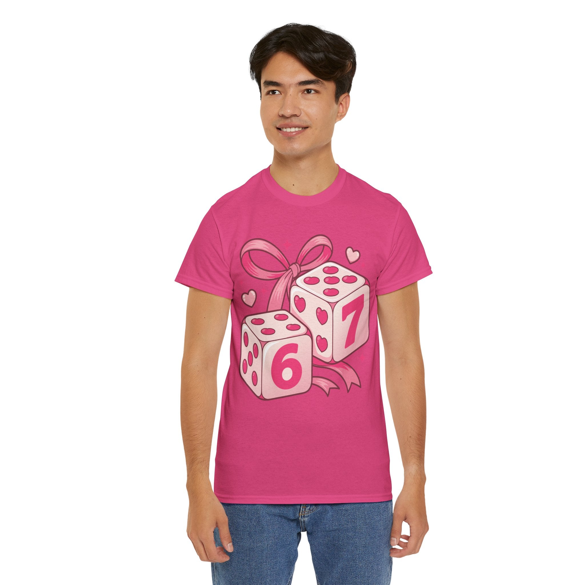 Lucky Love Dice T-Shirt — Pink Heart Dice with Bow..Unisex Cotton Tee
