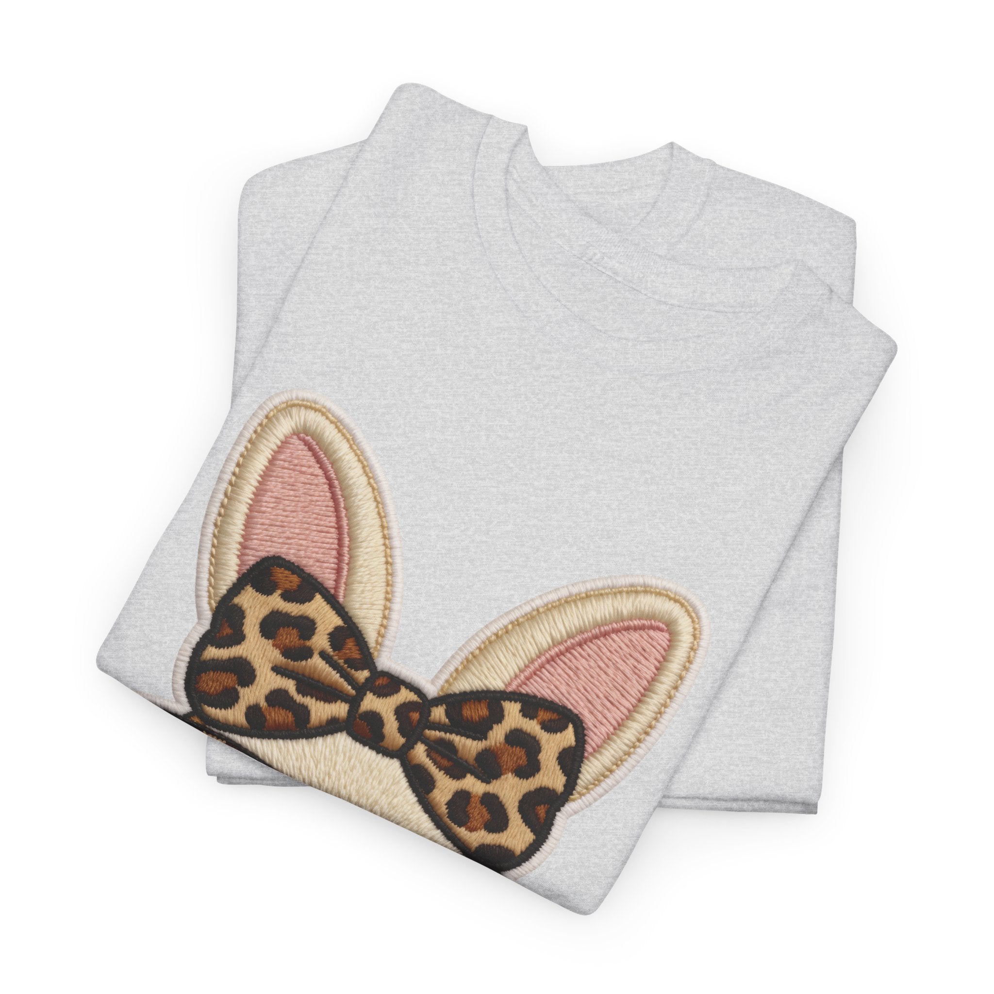Leopard Bow Bunny Embroidered Tee — Cute Bunny Face with Glasses Patch Unisex Cotton Tee