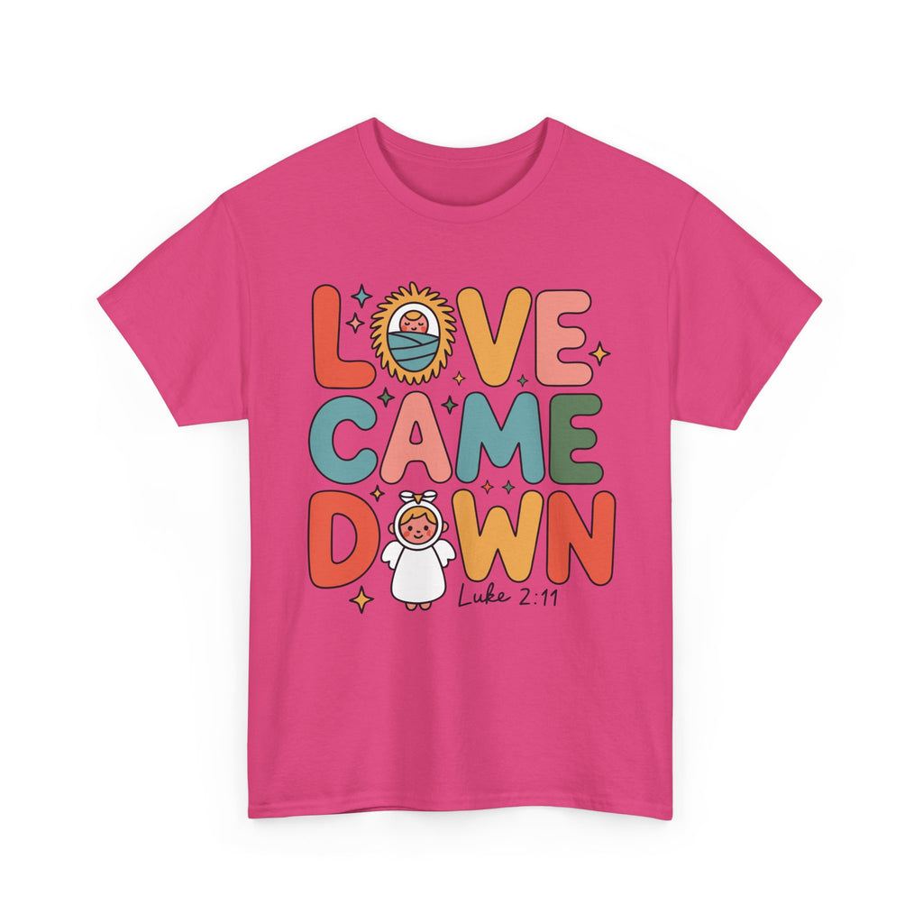 Love Came Down Christmas Tee — Baby Jesus Manger Angel (Luke 2:11)..Unisex Cotton Tee