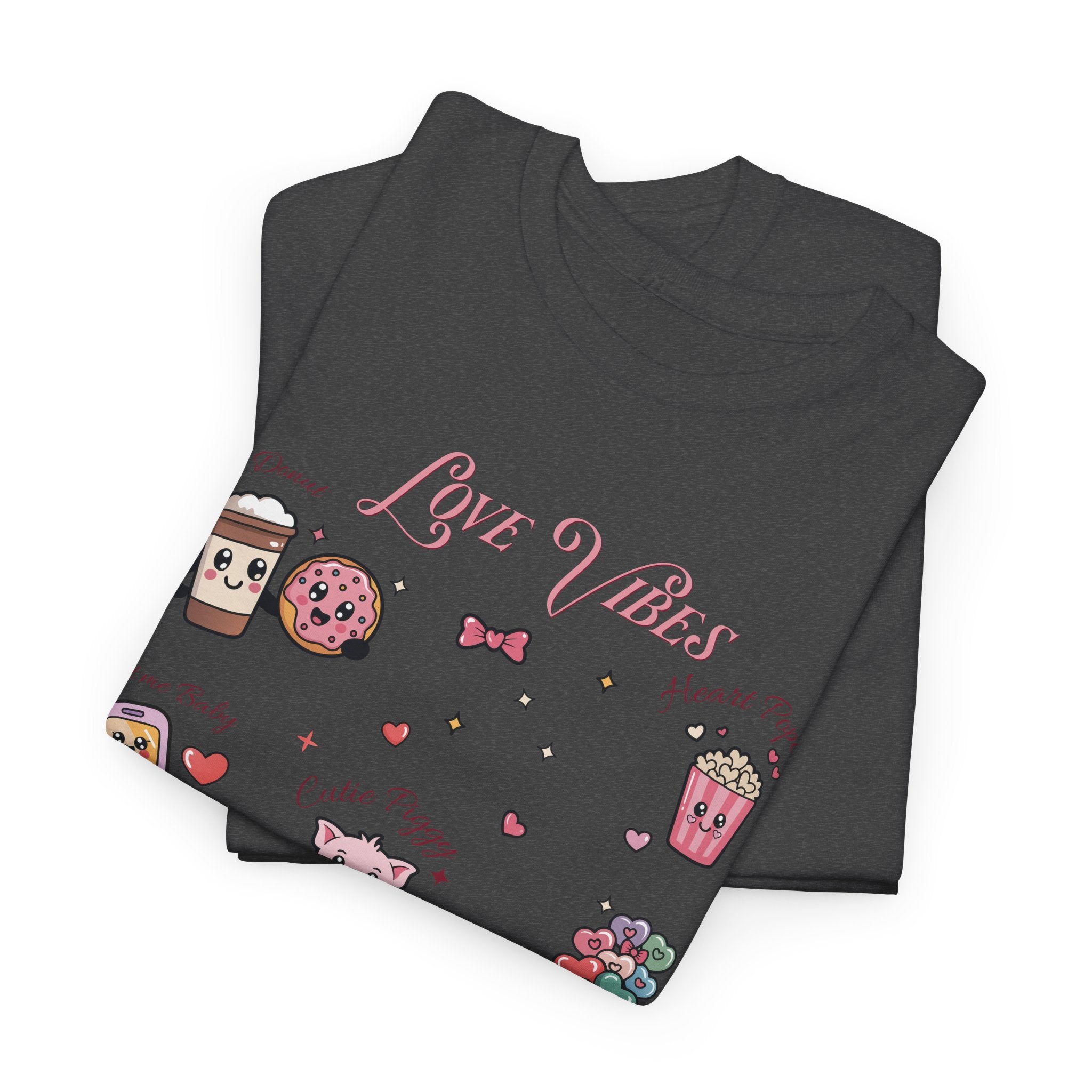 Love Vibes Kawaii Valentine T-Shirt — Cute Donut, Coffee & Piglet Design Unisex Cotton Tee