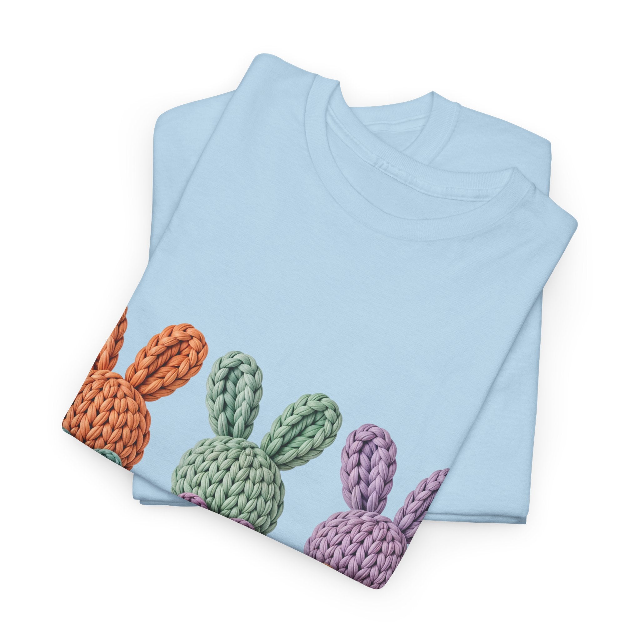 Pastel Crochet Bunny Tee — Trio of Faux Knit Bunnies with Bows & Flowers Unisex Cotton Tee